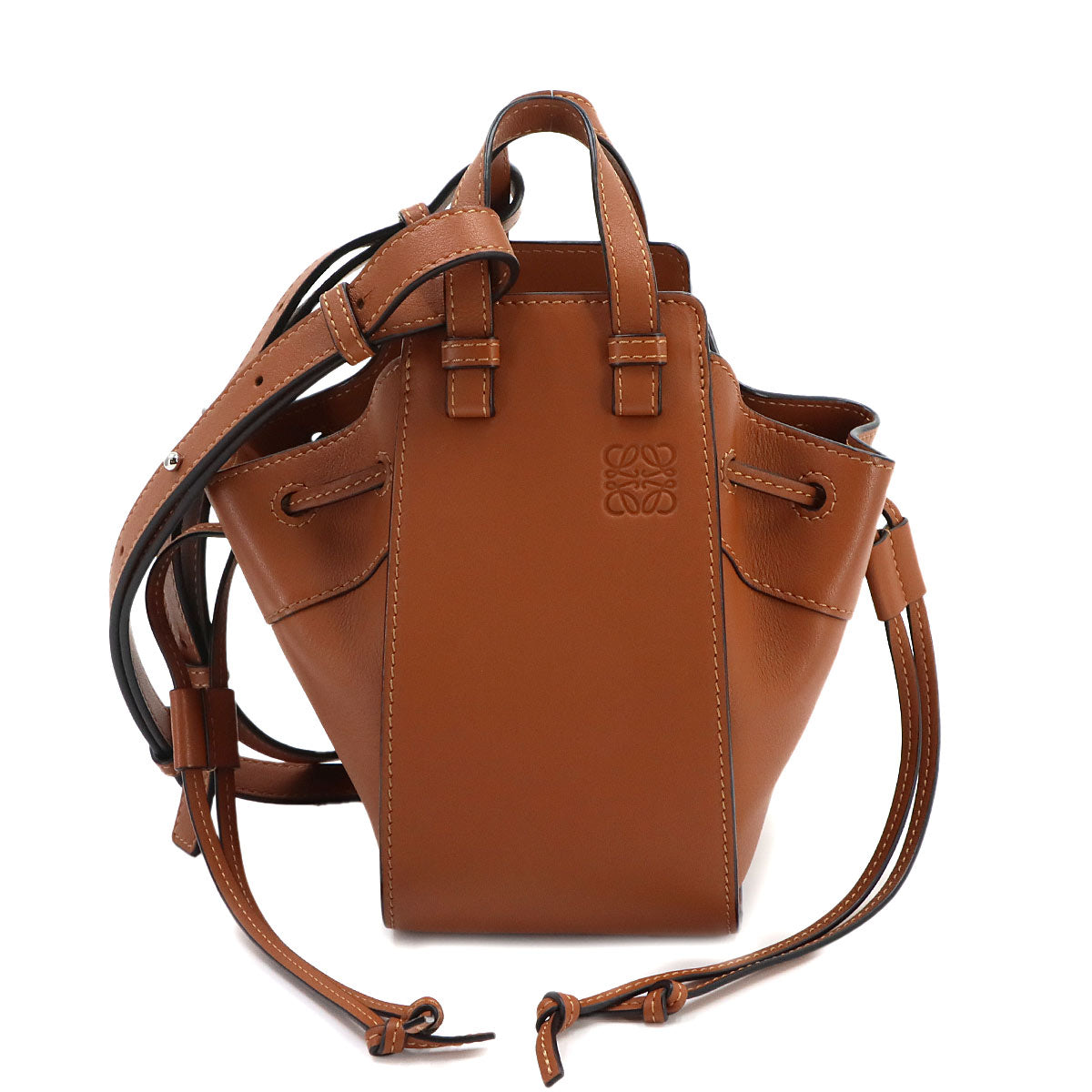 Drawstring Mini Hand Shoulder Bag Leather Brown
