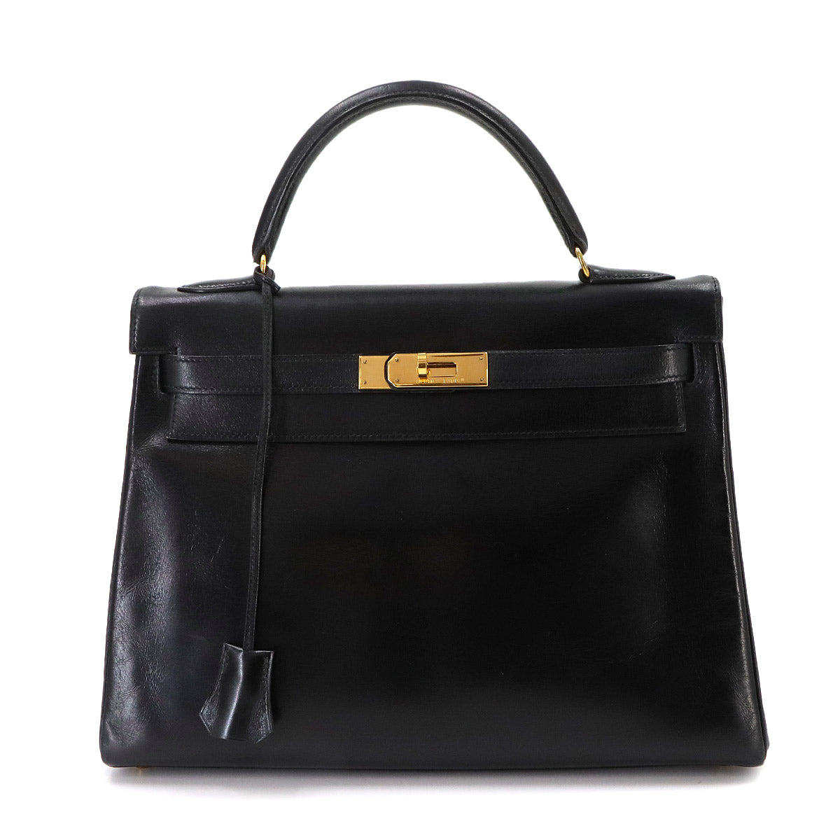 Kelly 32 Box calf Black Hand Shoulder Bag Vintage Purse