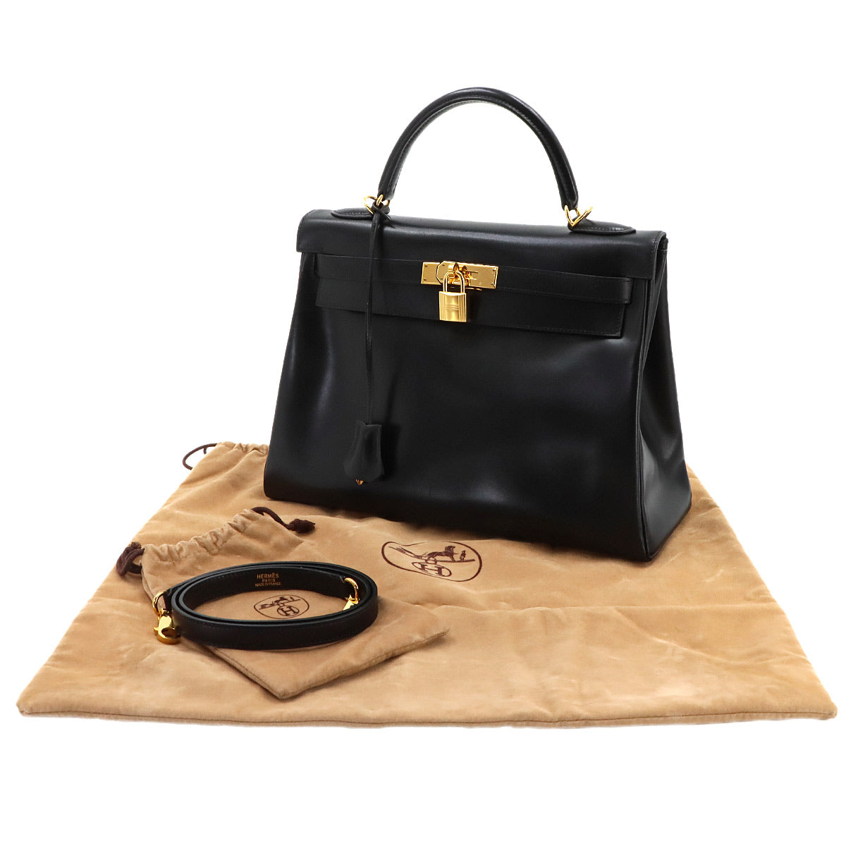 Kelly 32 Box calf Black Hand Shoulder Bag Vintage Purse