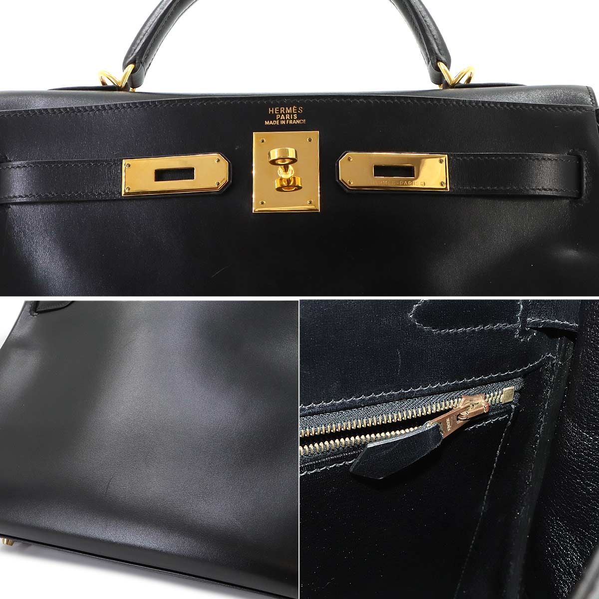 Kelly 32 Box calf Black Hand Shoulder Bag Vintage Purse
