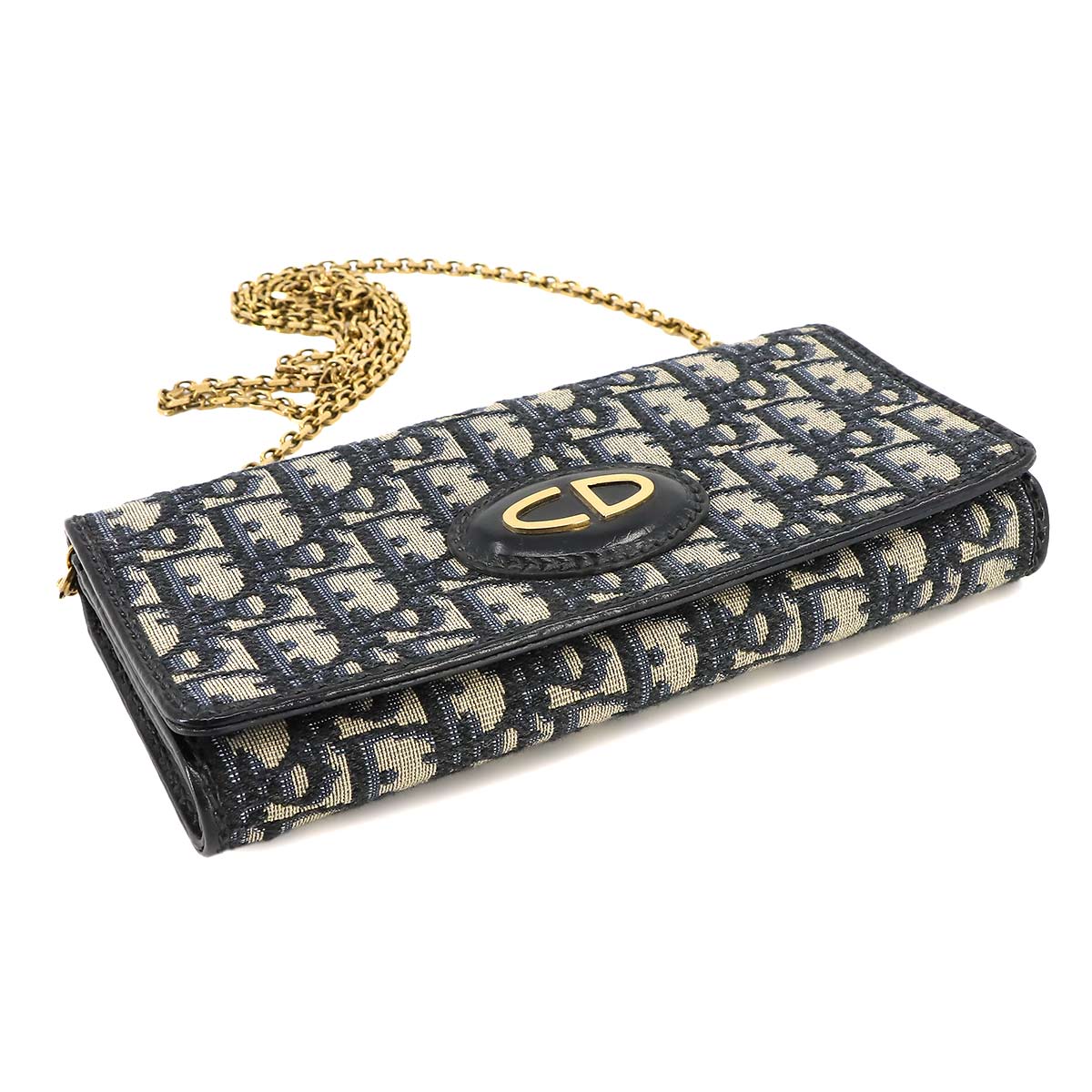 Oblique Chain Wallet Canvas Leather Navy Purse