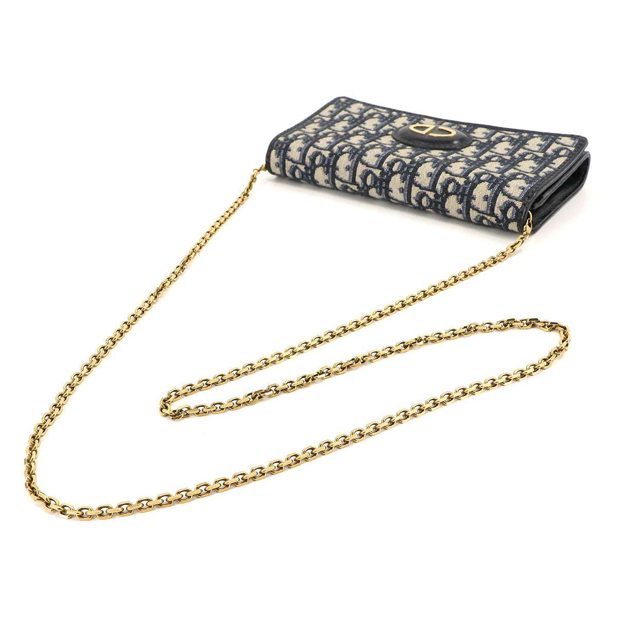 Oblique Chain Wallet Canvas Leather Navy Purse