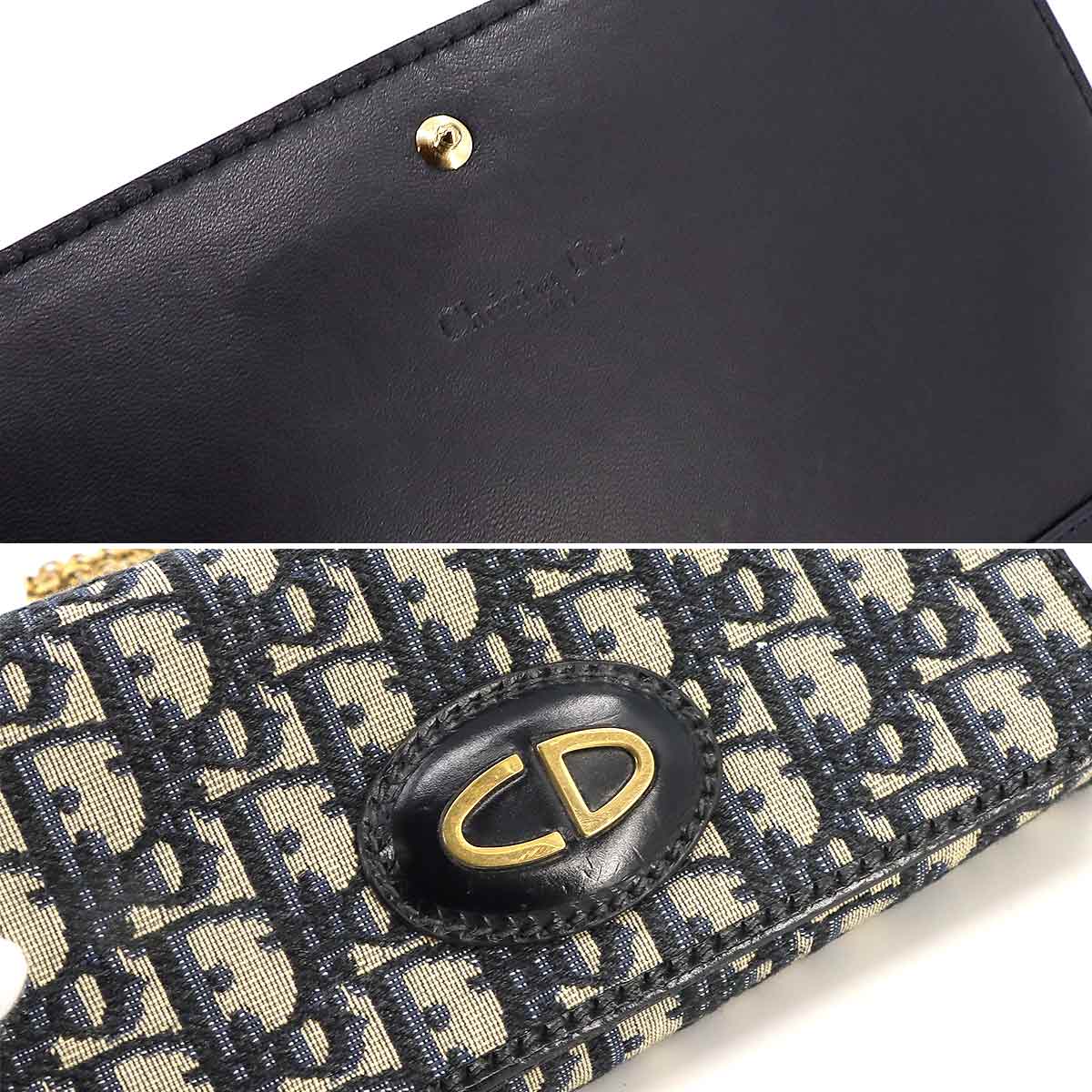 Oblique Chain Wallet Canvas Leather Navy Purse