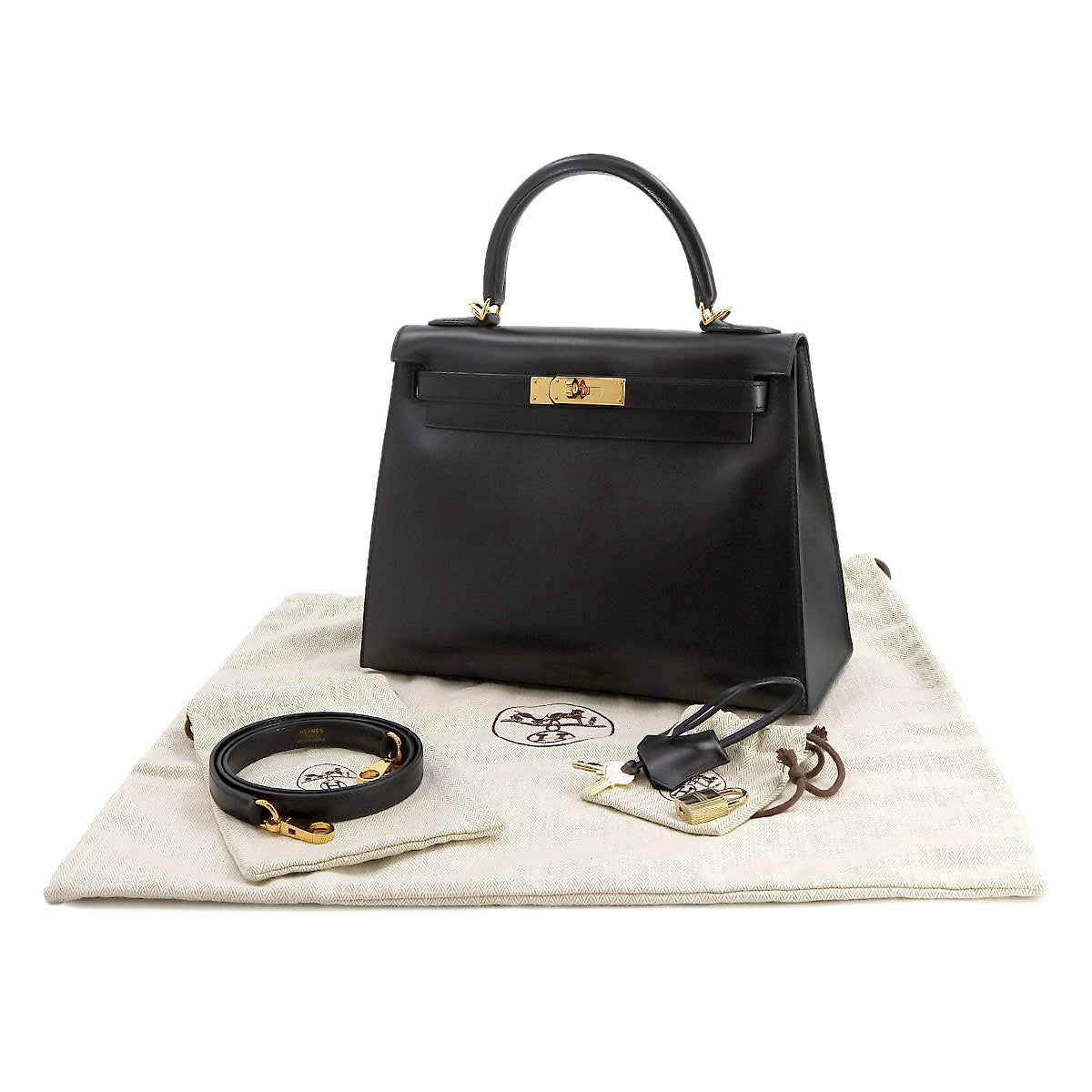 Kelly 28 2way Hand Shoulder Bag Box Calf Leather Black Purse 90236024