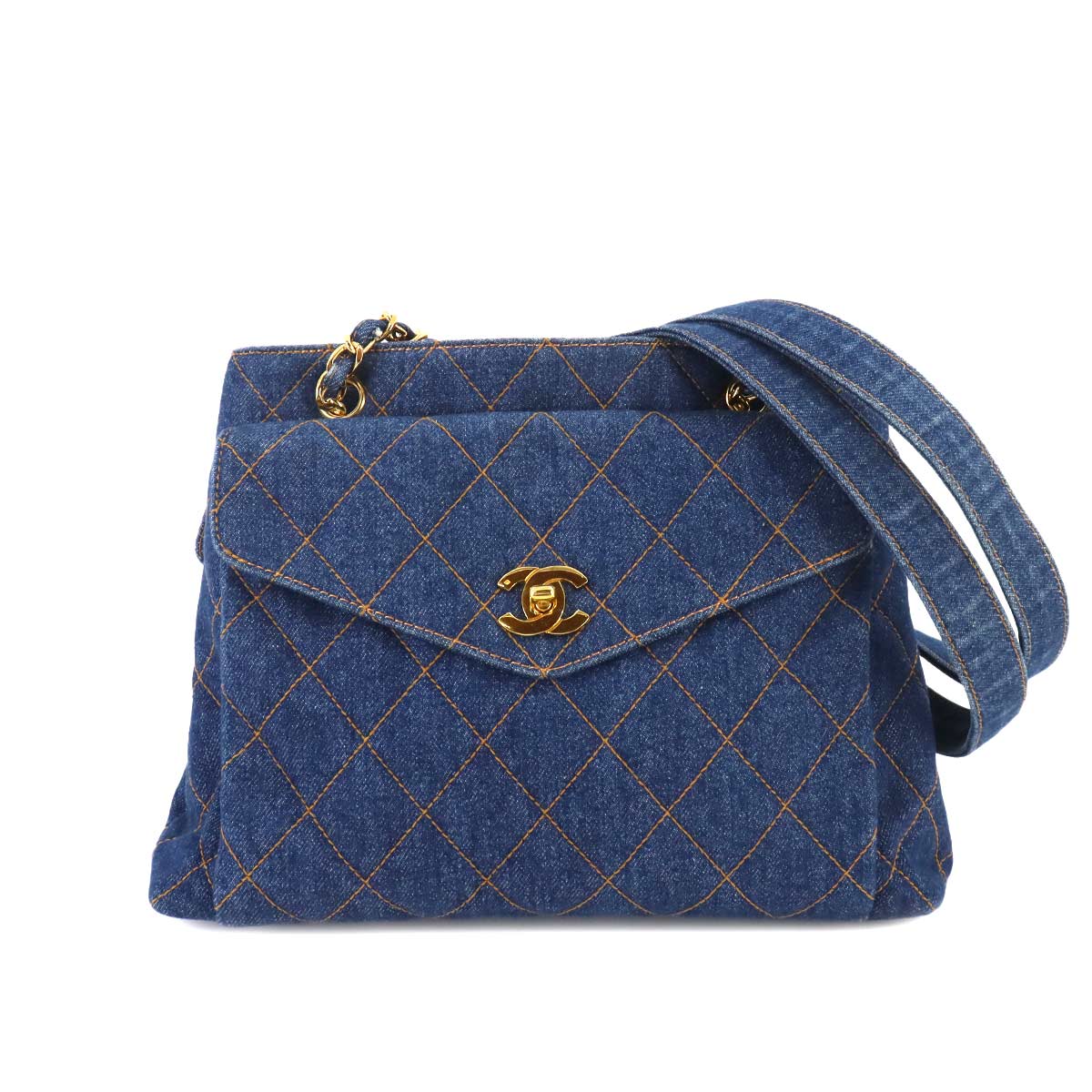 Matelasse Chain Shoulder Bag Denim Blue Vintege
