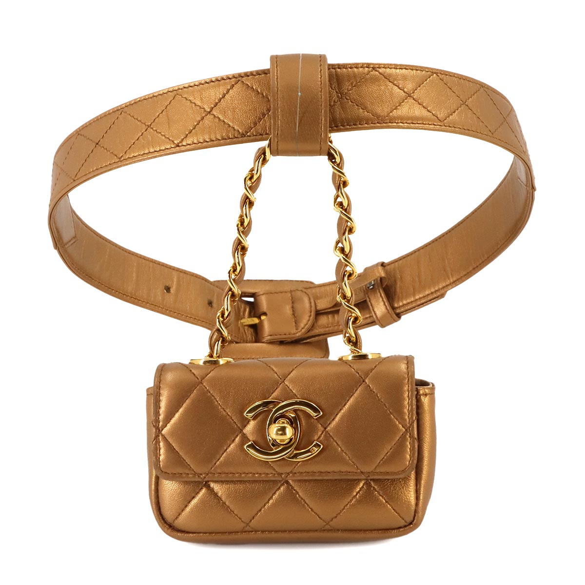 Matelasse Belt Bag Waist Pouch Leather Metallic Brown