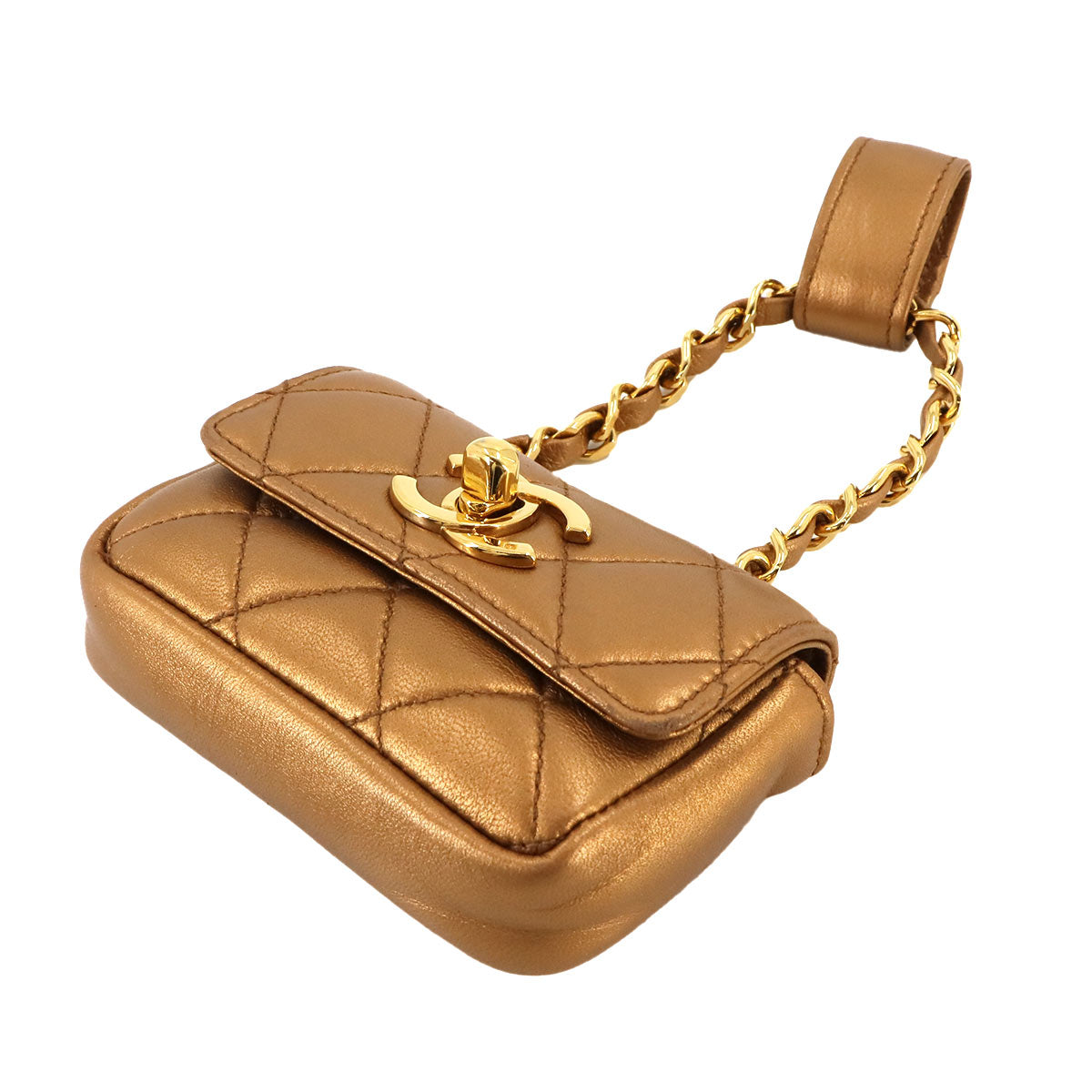 Matelasse Belt Bag Waist Pouch Leather Metallic Brown