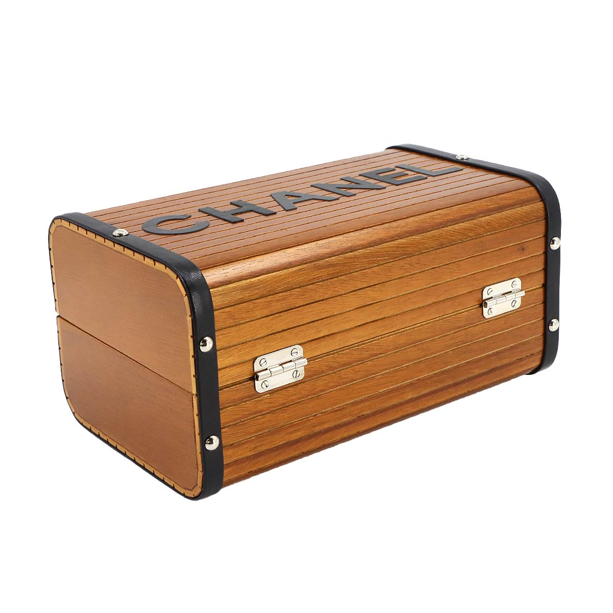 CHANEL Wood Vanity Hand Bag Leather Brown Black CC Purse