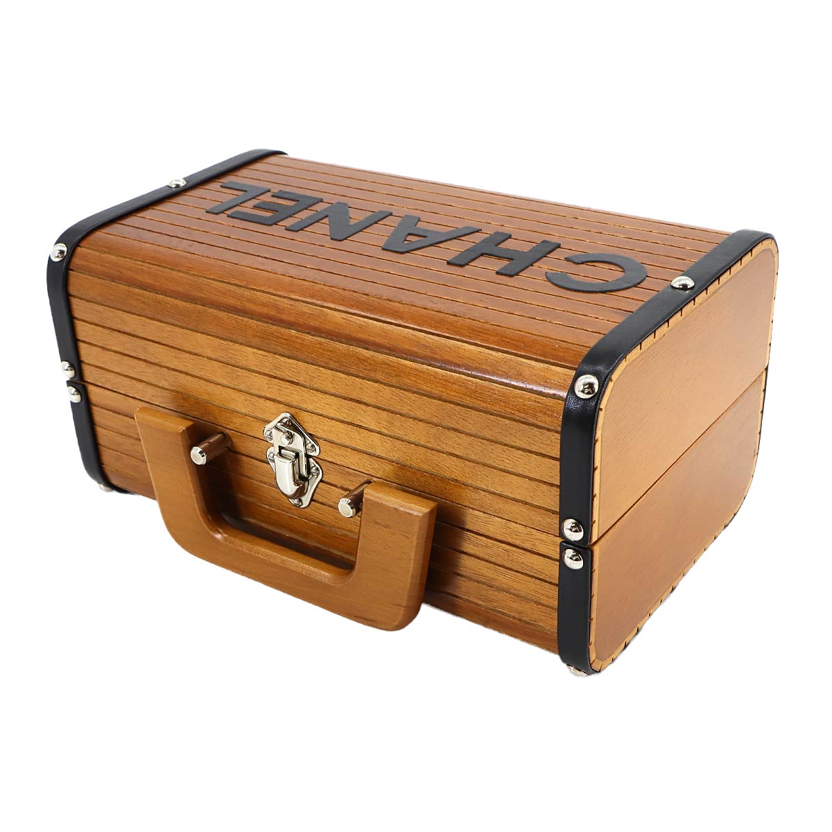 CHANEL Wood Vanity Hand Bag Leather Brown Black CC Purse