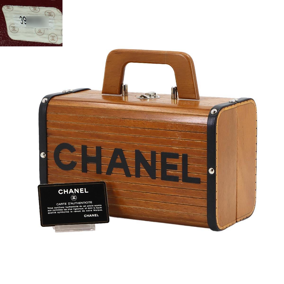 CHANEL Wood Vanity Hand Bag Leather Brown Black CC Purse