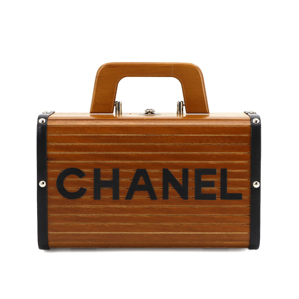 CHANEL Wood Vanity Hand Bag Leather Brown Black CC Purse