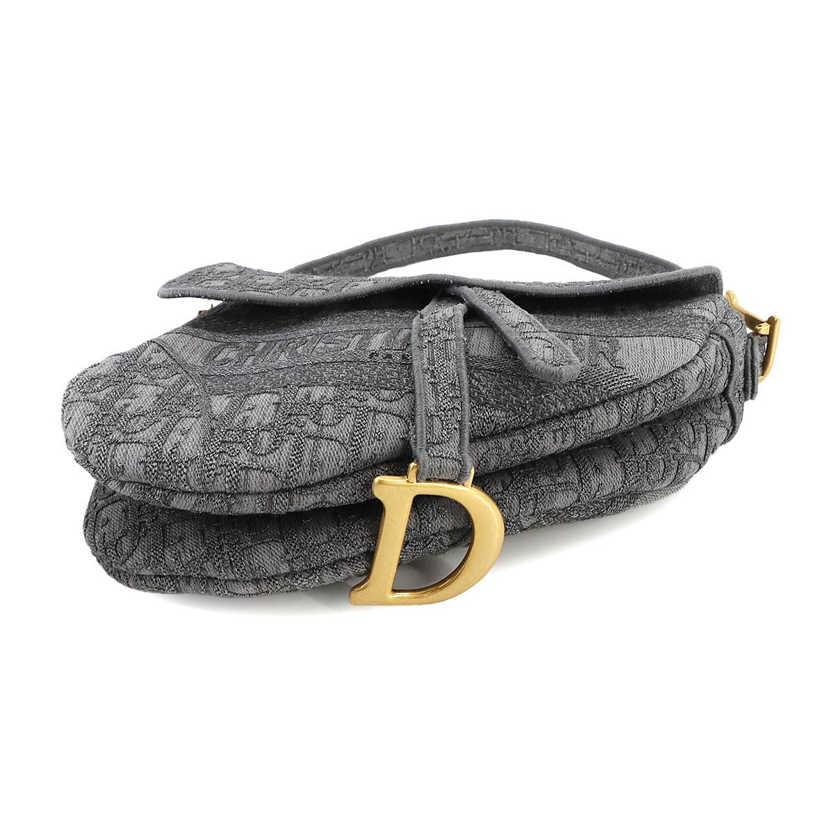 Oblique Saddle Shoulder Bag Canvas Gray Embroidery