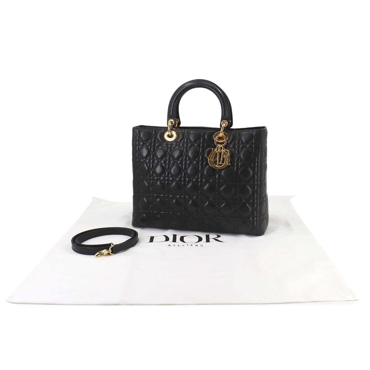 Lady Dior Large 2way Hand Shoulder Bag Leather Black