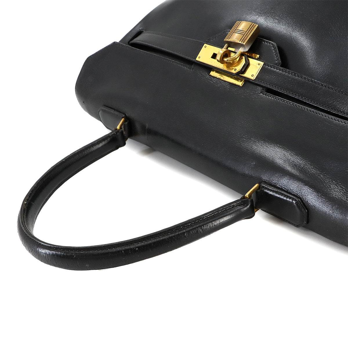 VINTAGE Kelly Monaco Hand Bag Box calf Black Sac a Courroies 90245232