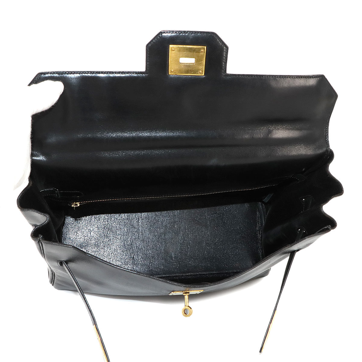 VINTAGE Kelly Monaco Hand Bag Box calf Black Sac a Courroies 90245232