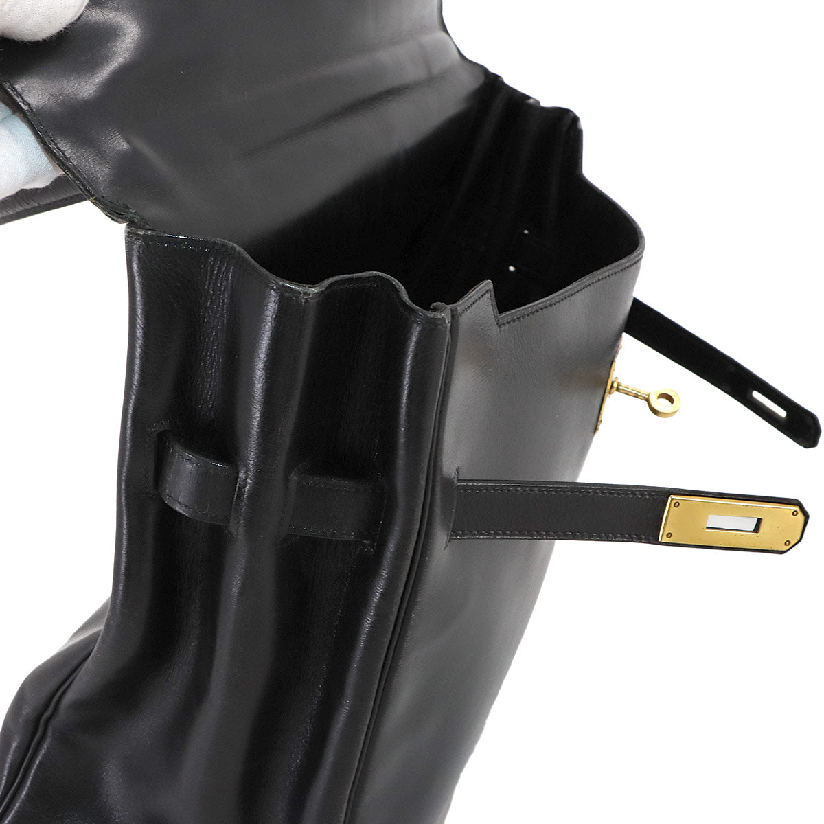 VINTAGE Kelly Monaco Hand Bag Box calf Black Sac a Courroies 90245232