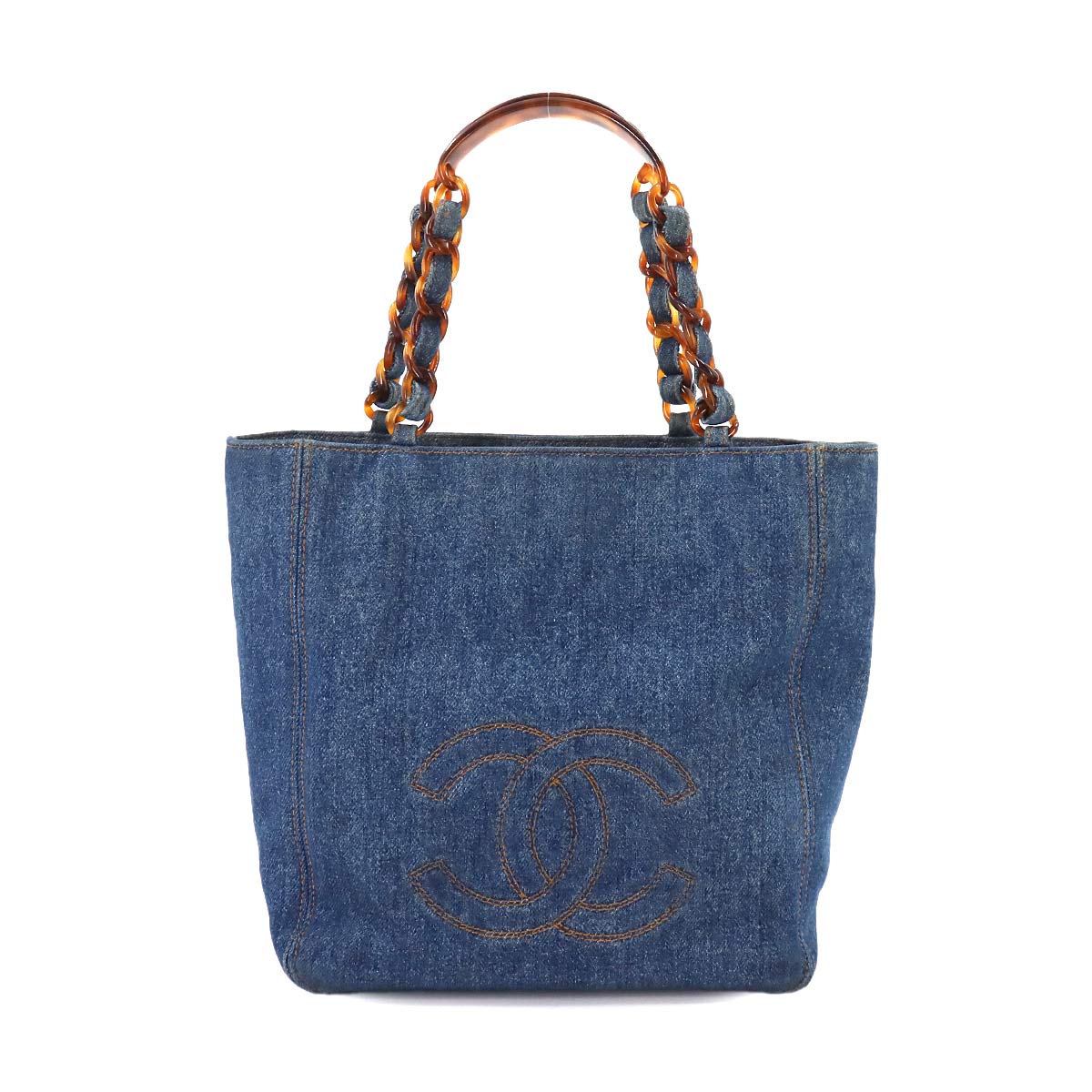 Plastic Chain Tote Bag Denim Blue Vintage Purse CC Coco Logos