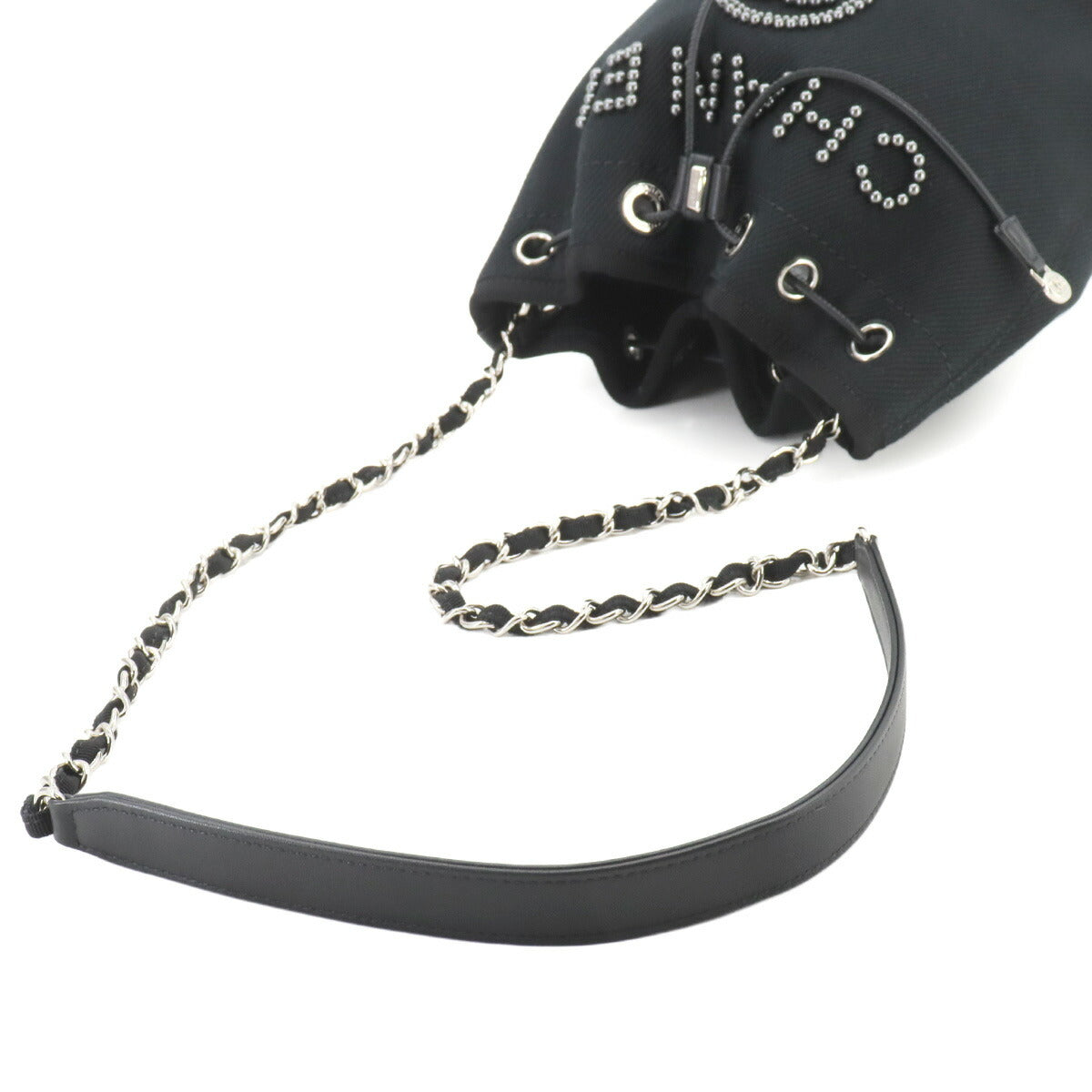 Deauville Drawstring Shoulder Bag Canvas Leather Black AS1045