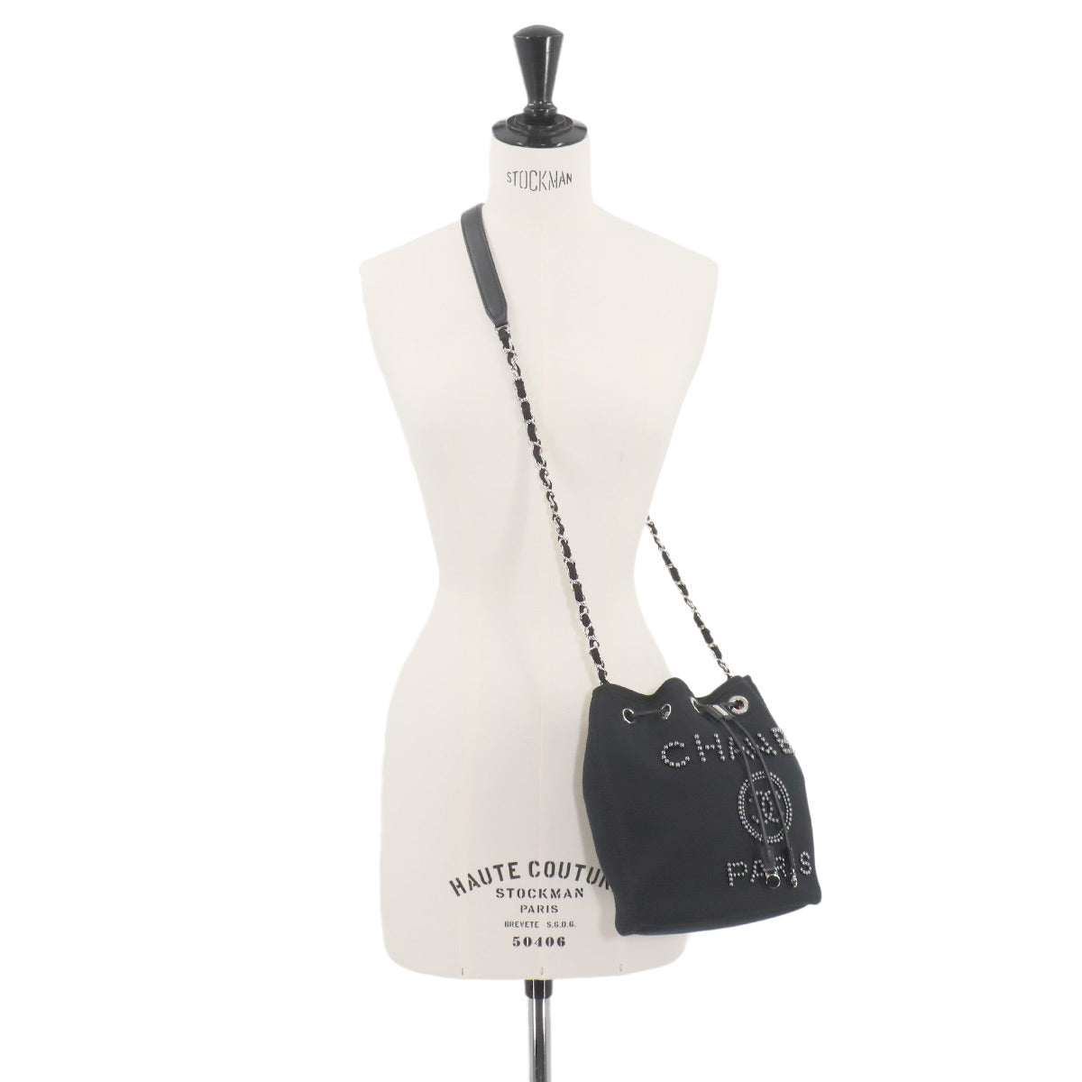 Deauville Drawstring Shoulder Bag Canvas Leather Black AS1045