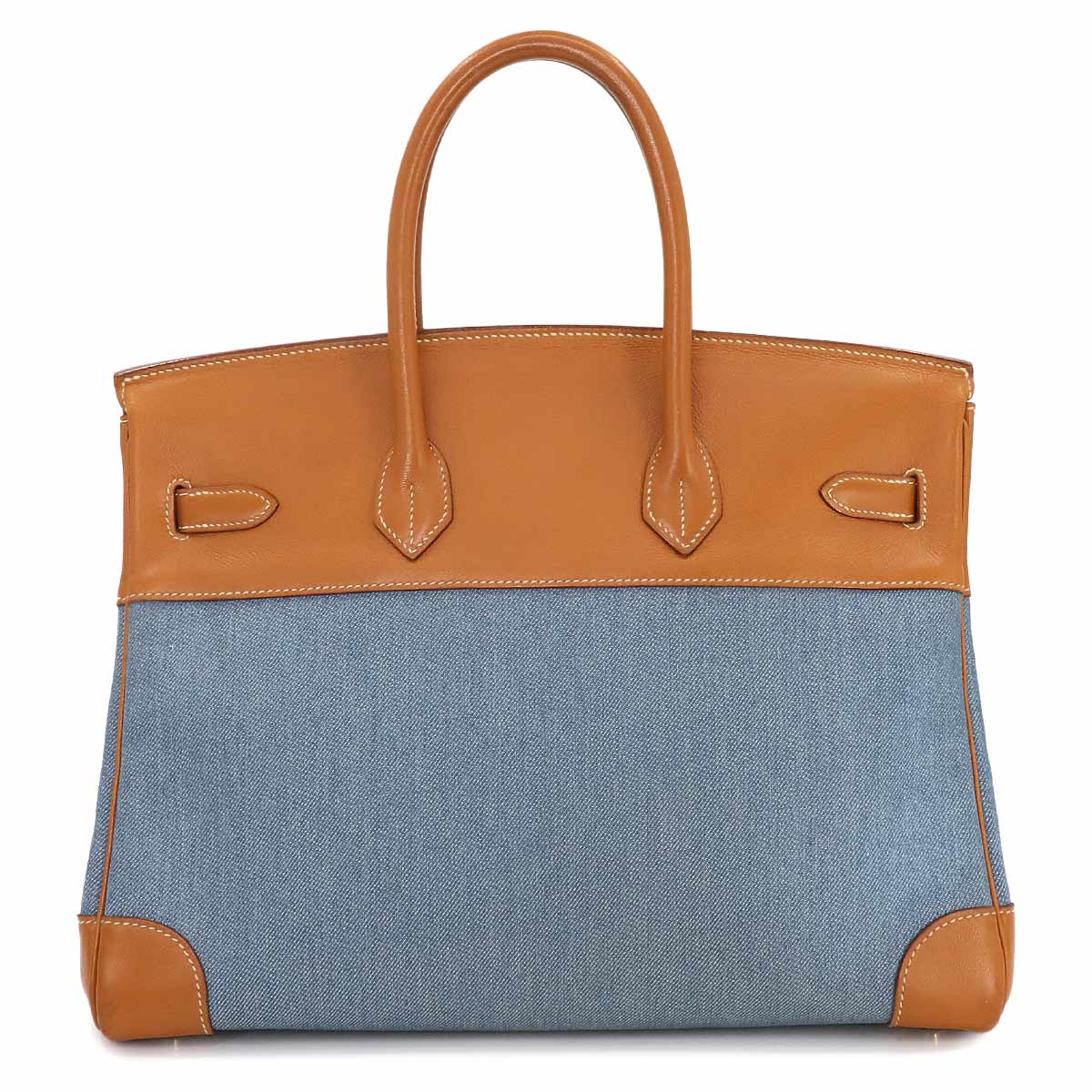 Birkin 35 Hand Bag Toile Jean Vache Leather Blue Brown 90258270