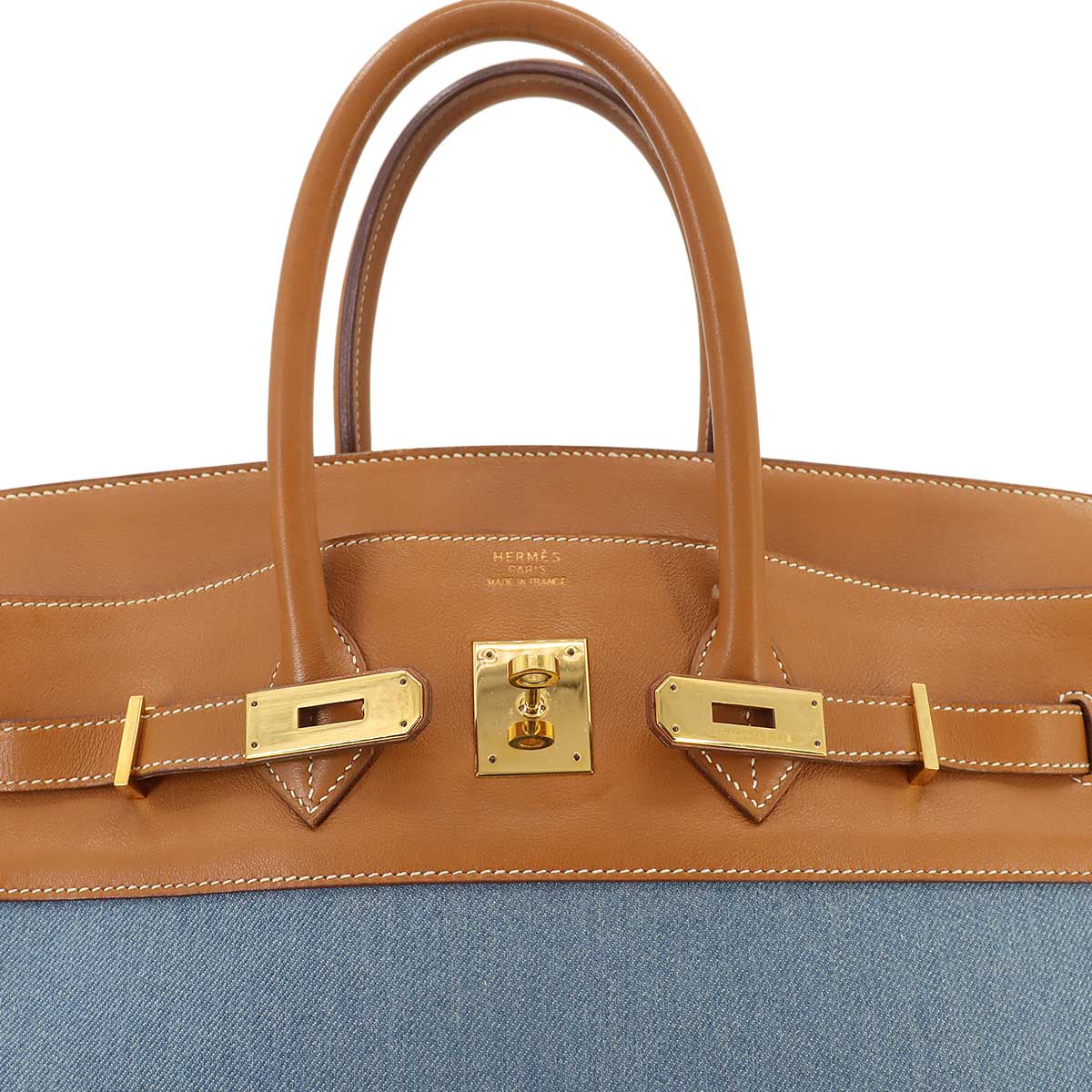 Birkin 35 Hand Bag Toile Jean Vache Leather Blue Brown 90258270