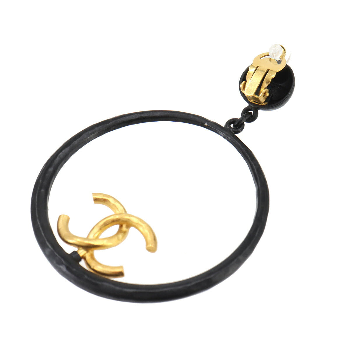 Swing Hoop Earrings Coco Perfume Motif Black Gold Vintage 94C