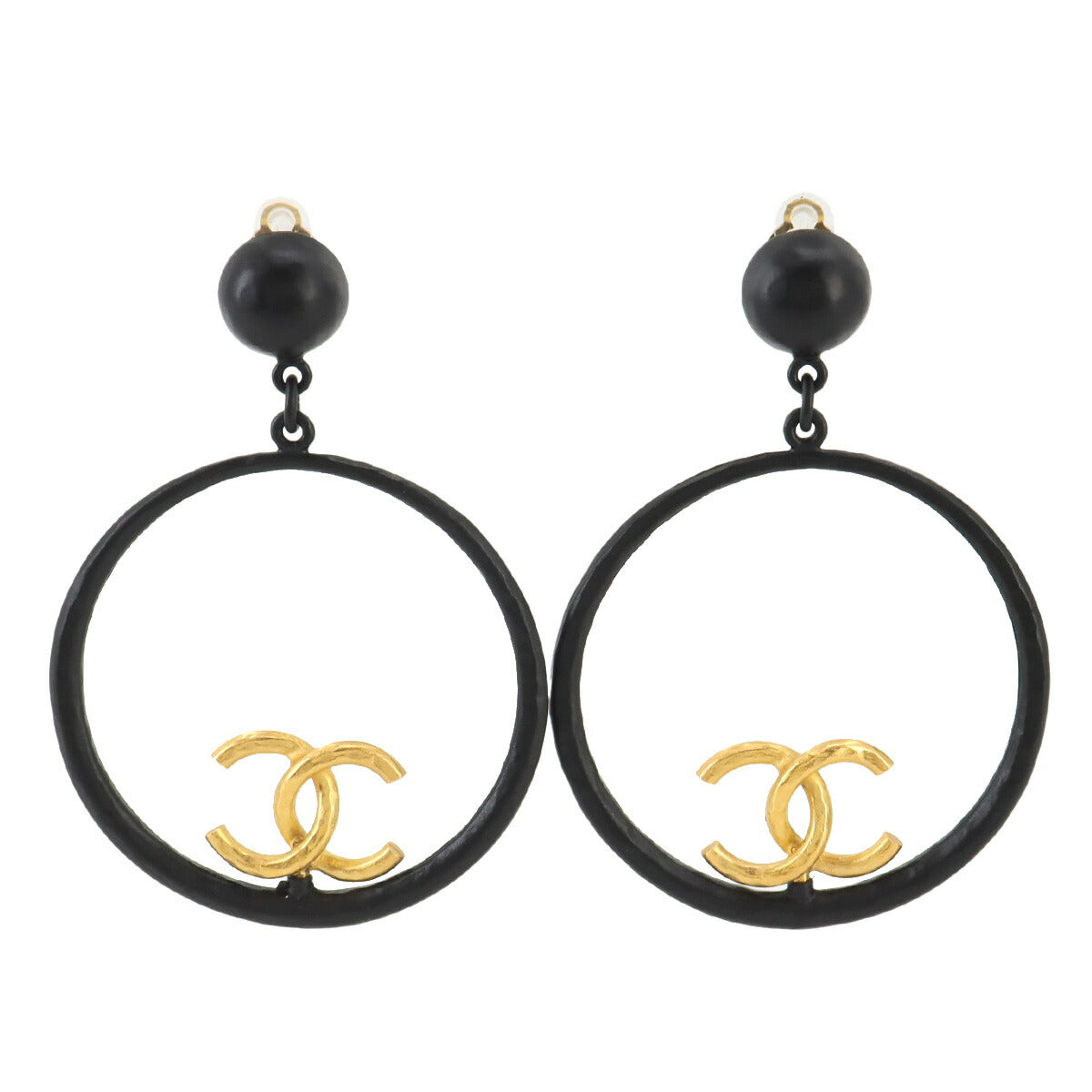Swing Hoop Earrings Coco Perfume Motif Black Gold Vintage 94C