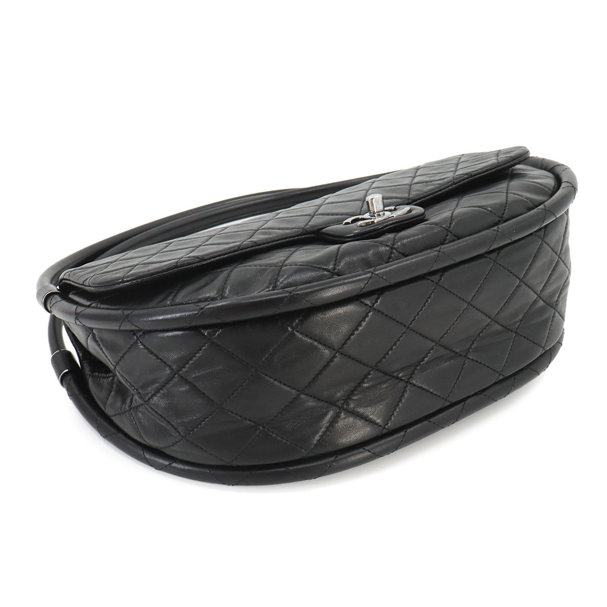 Matelasse Hula Hoop Hand Bag Leather Black Purse