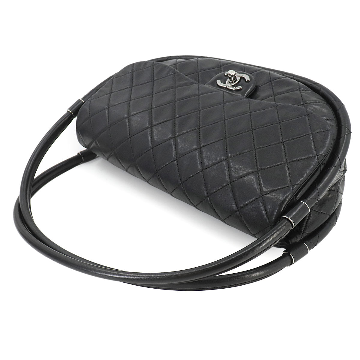 Matelasse Hula Hoop Hand Bag Leather Black Purse
