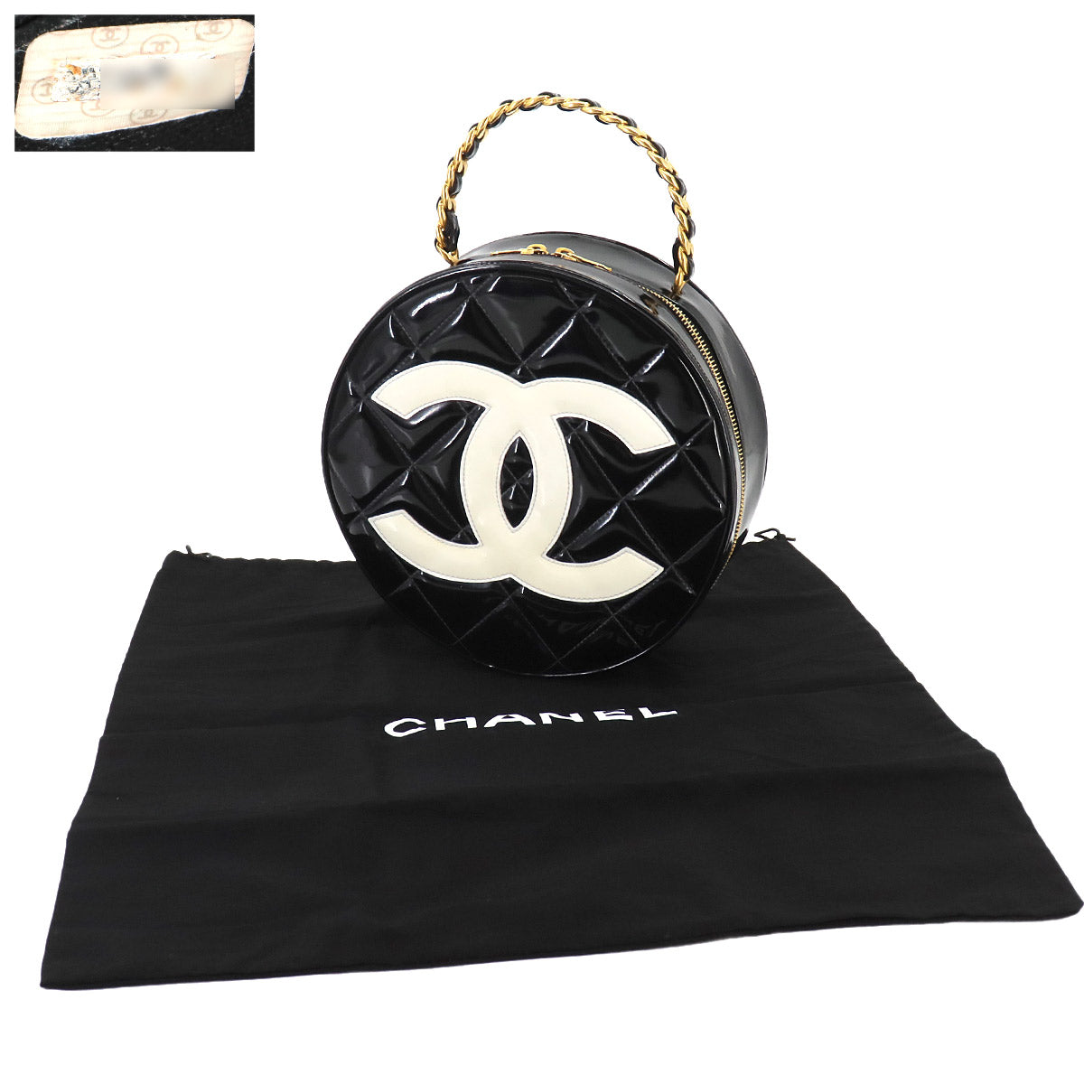 Matelasse Round Vanity Hand Bag Enamel Black White Vintage