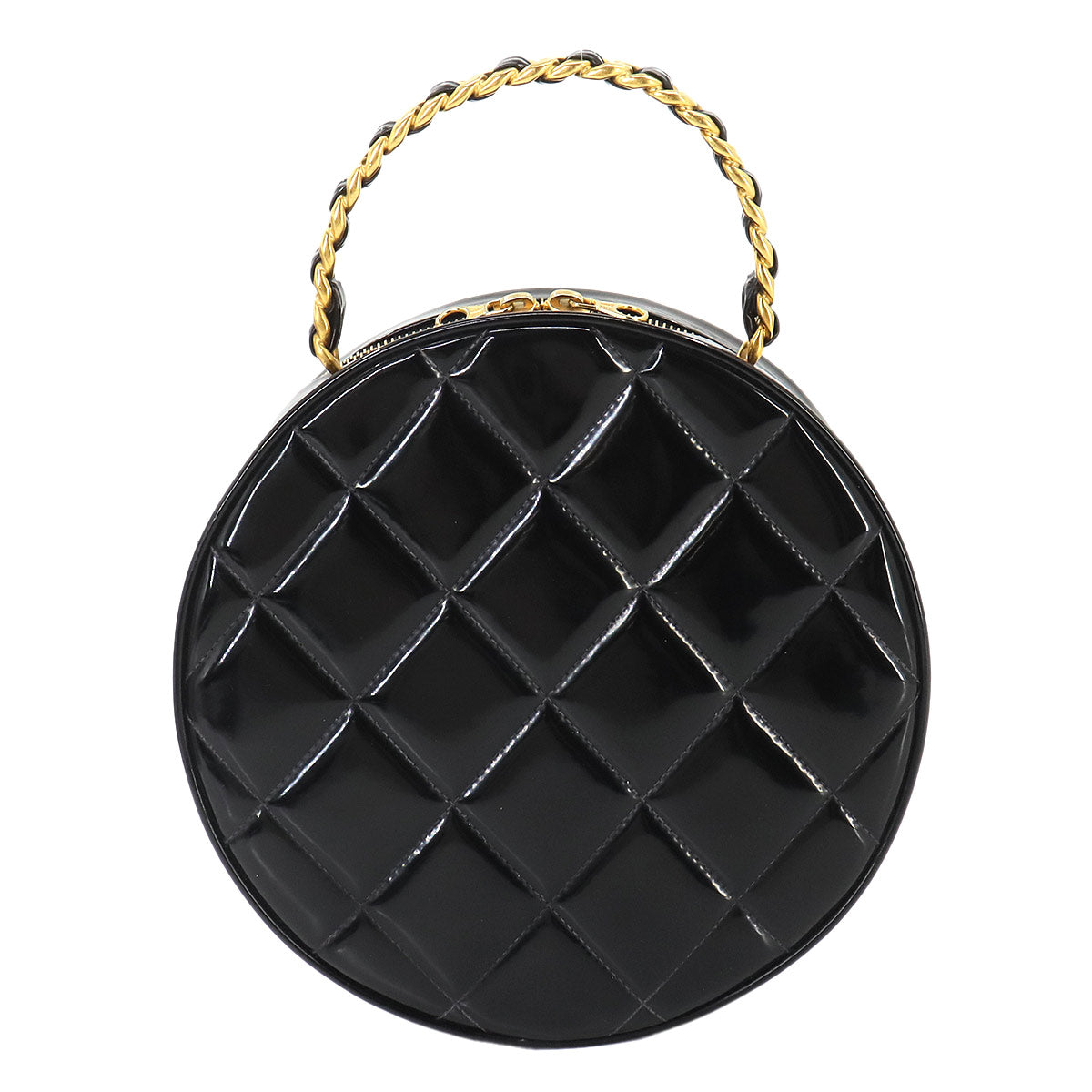 Matelasse Round Vanity Hand Bag Enamel Black White Vintage