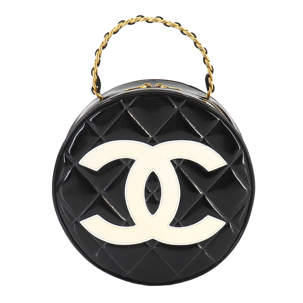 Matelasse Round Vanity Hand Bag Enamel Black White Vintage
