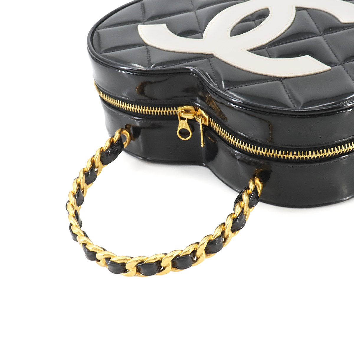 Matelasse Heart Vanity Bag Enamel Black White Vintage Purse