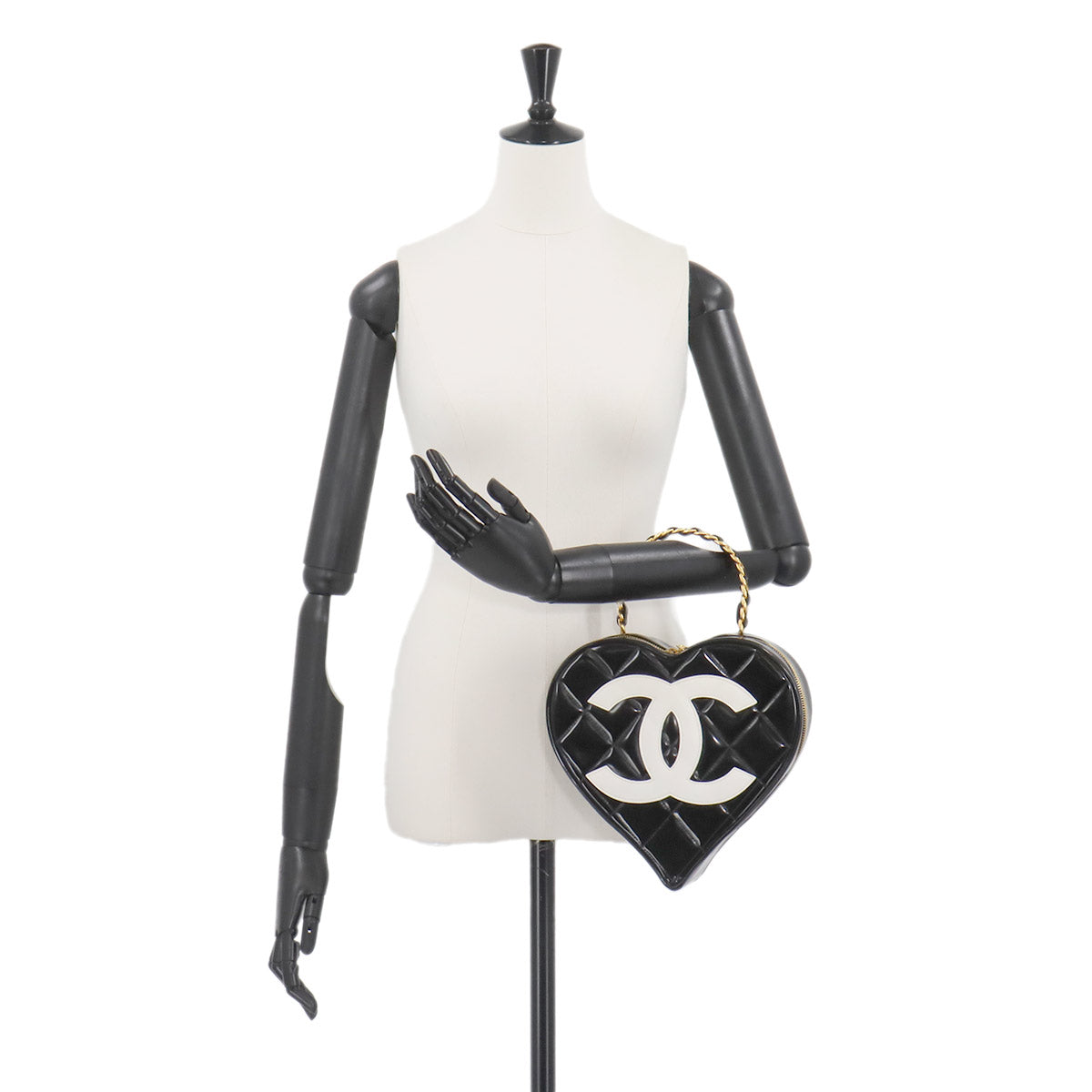 Matelasse Heart Vanity Bag Enamel Black White Vintage Purse