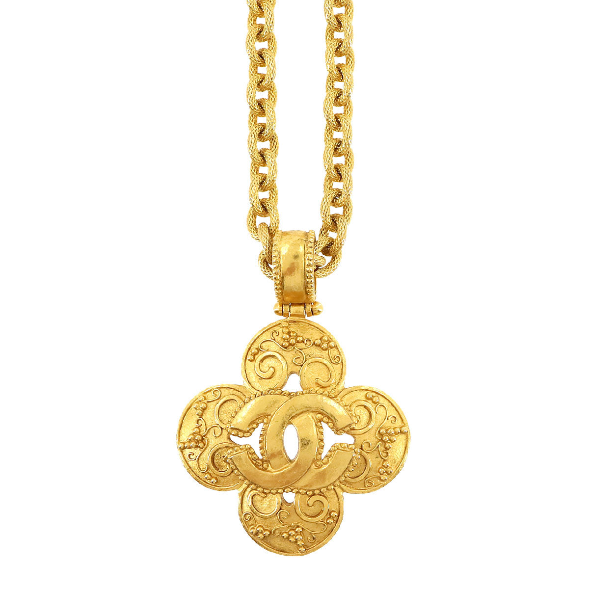 CHANEL Clover Coco Logos Long Necklace Gold 96A Vintage Accessory
