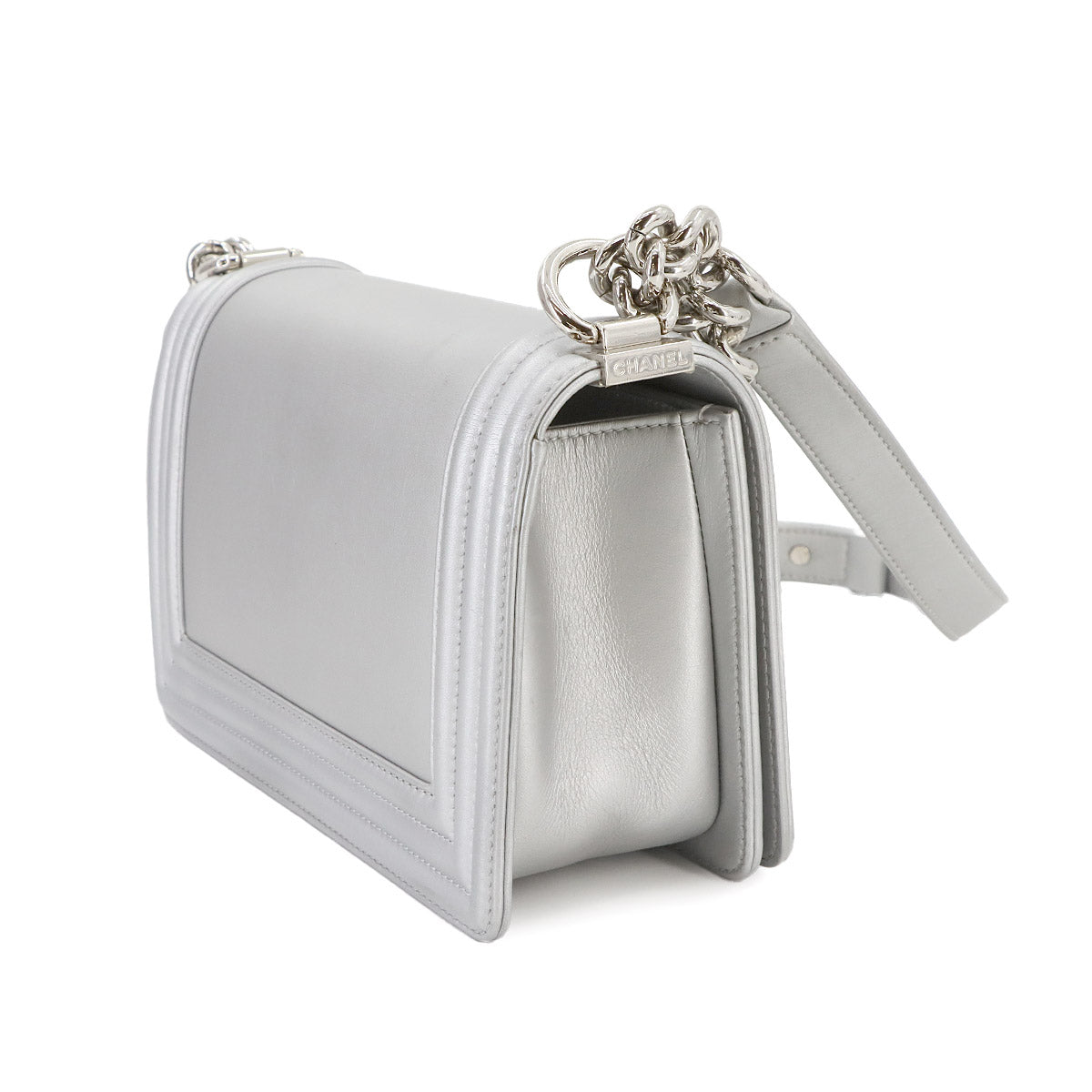 LED BOY CHANEL Chain Shoulder Ba Leather Metallic silver