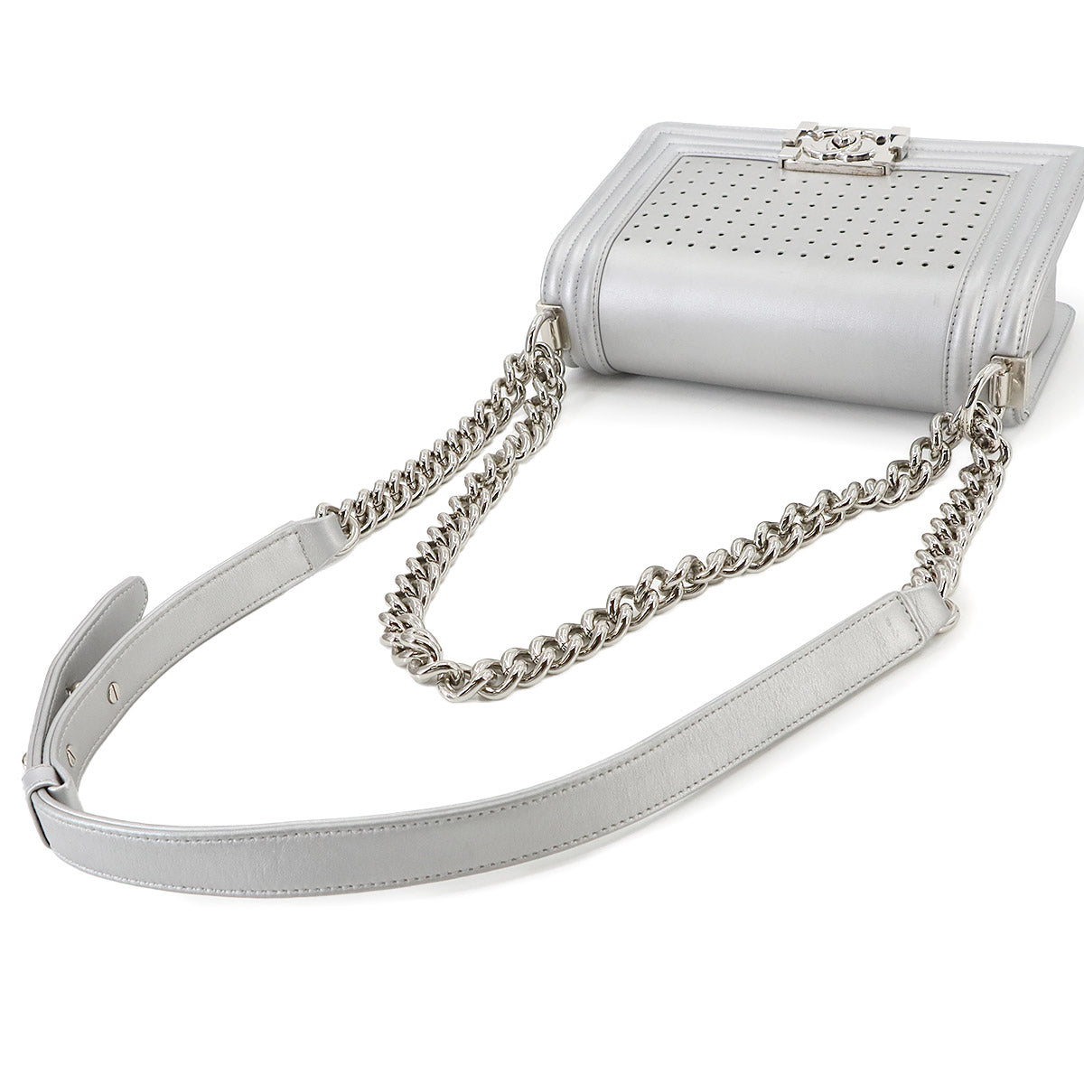 LED BOY CHANEL Chain Shoulder Ba Leather Metallic silver