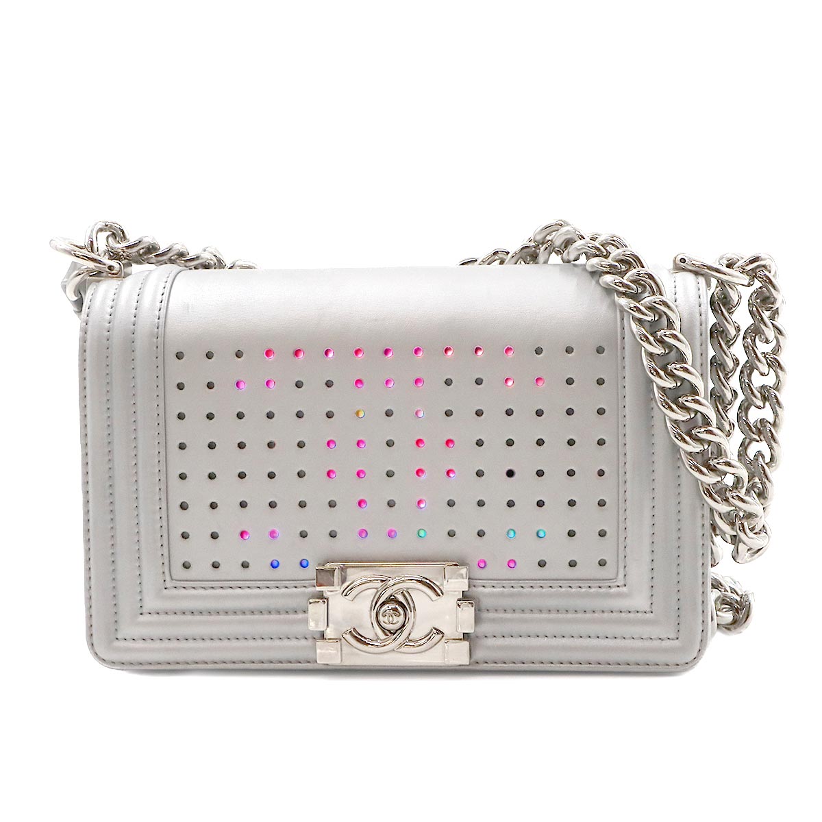 LED BOY CHANEL Chain Shoulder Ba Leather Metallic silver