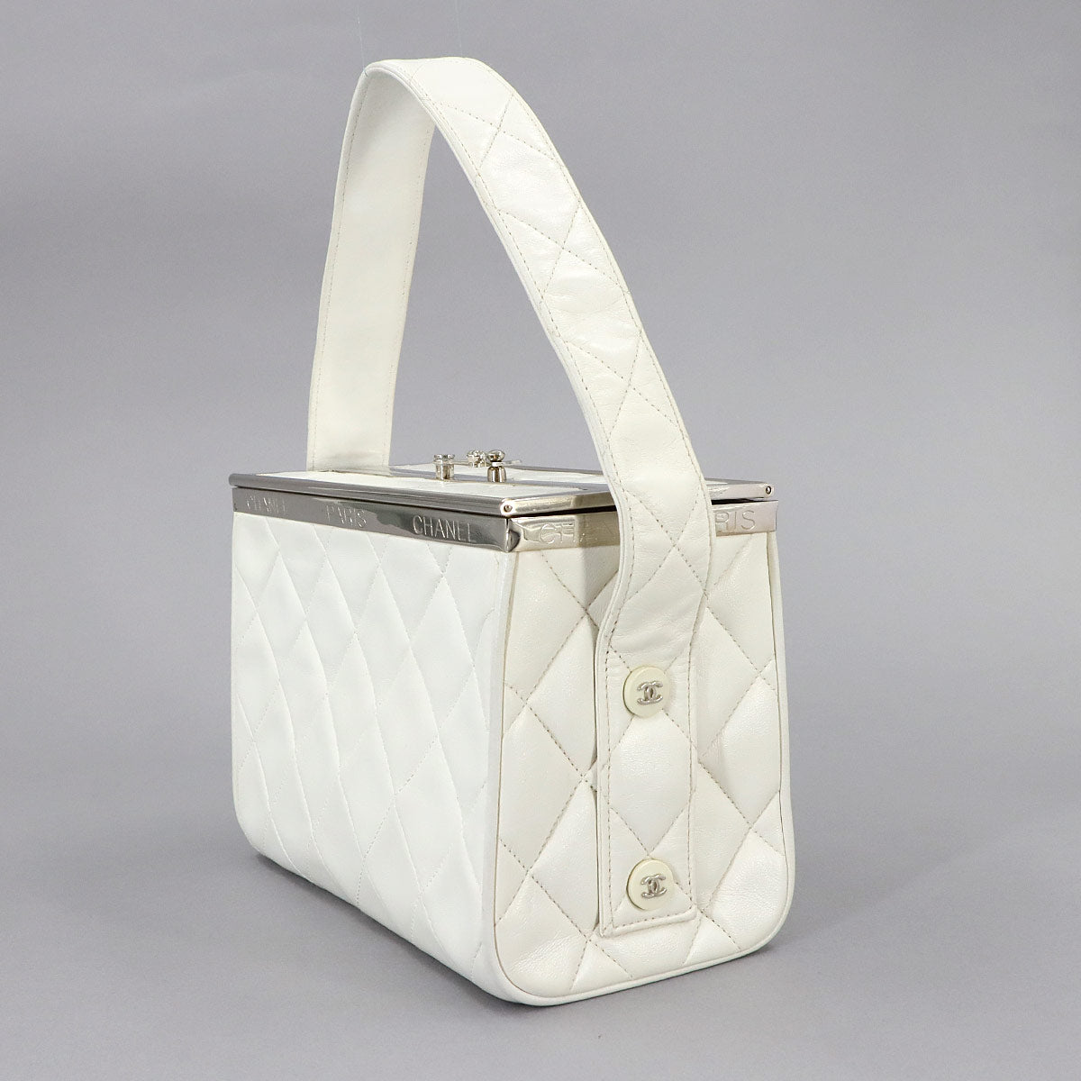 Matelasse Vanity Hand Bag Leather White Purse