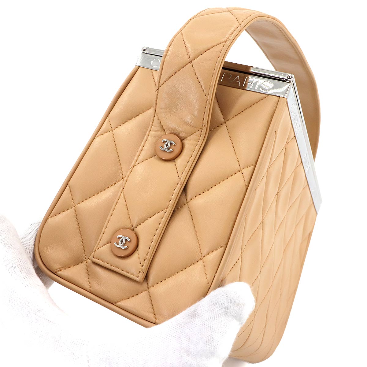 Matelasse Vanity Hand Bag Leather Beige Purse