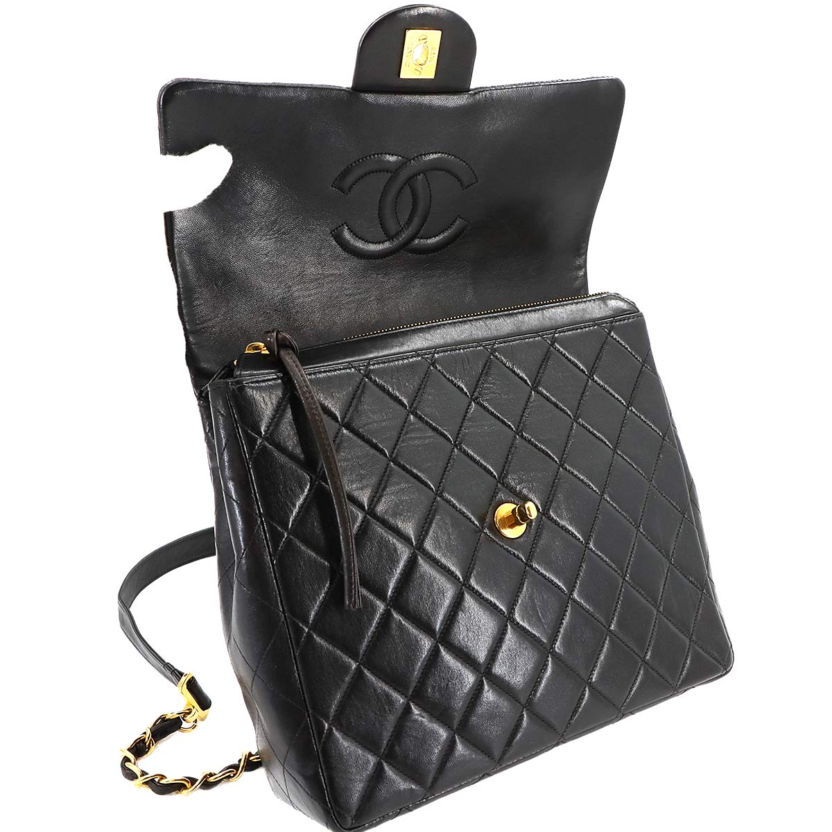CHANEL Matelasse Chain Backpack Leather Black Purse Vintage