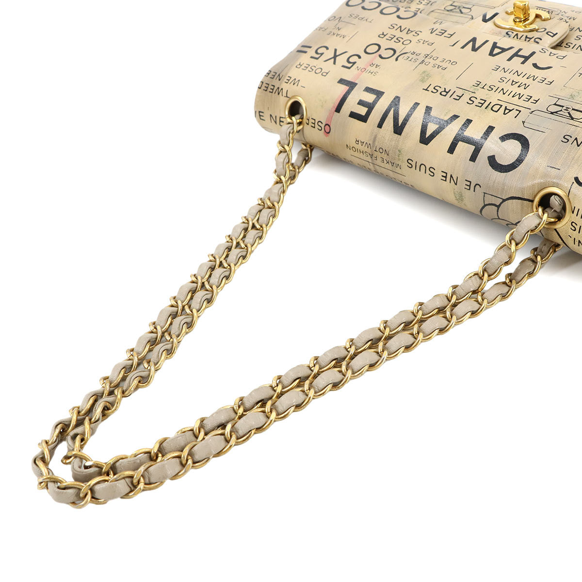 Newspaper Print Chain Shoulder Bag Leather Beige Purse