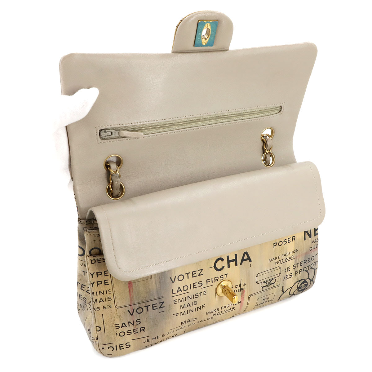 Newspaper Print Chain Shoulder Bag Leather Beige Purse