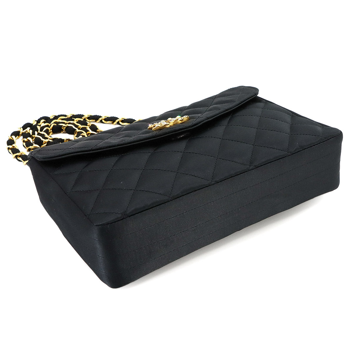 Matelasse Chain Shoulder Bag Satin Black Rhinestone Bijou