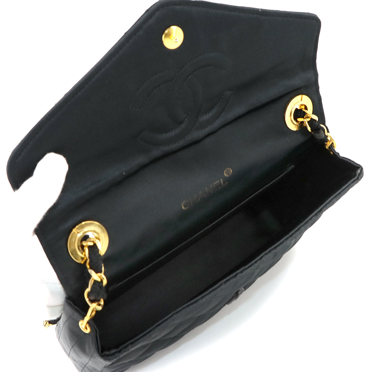 Matelasse Chain Shoulder Bag Satin Black Rhinestone Bijou