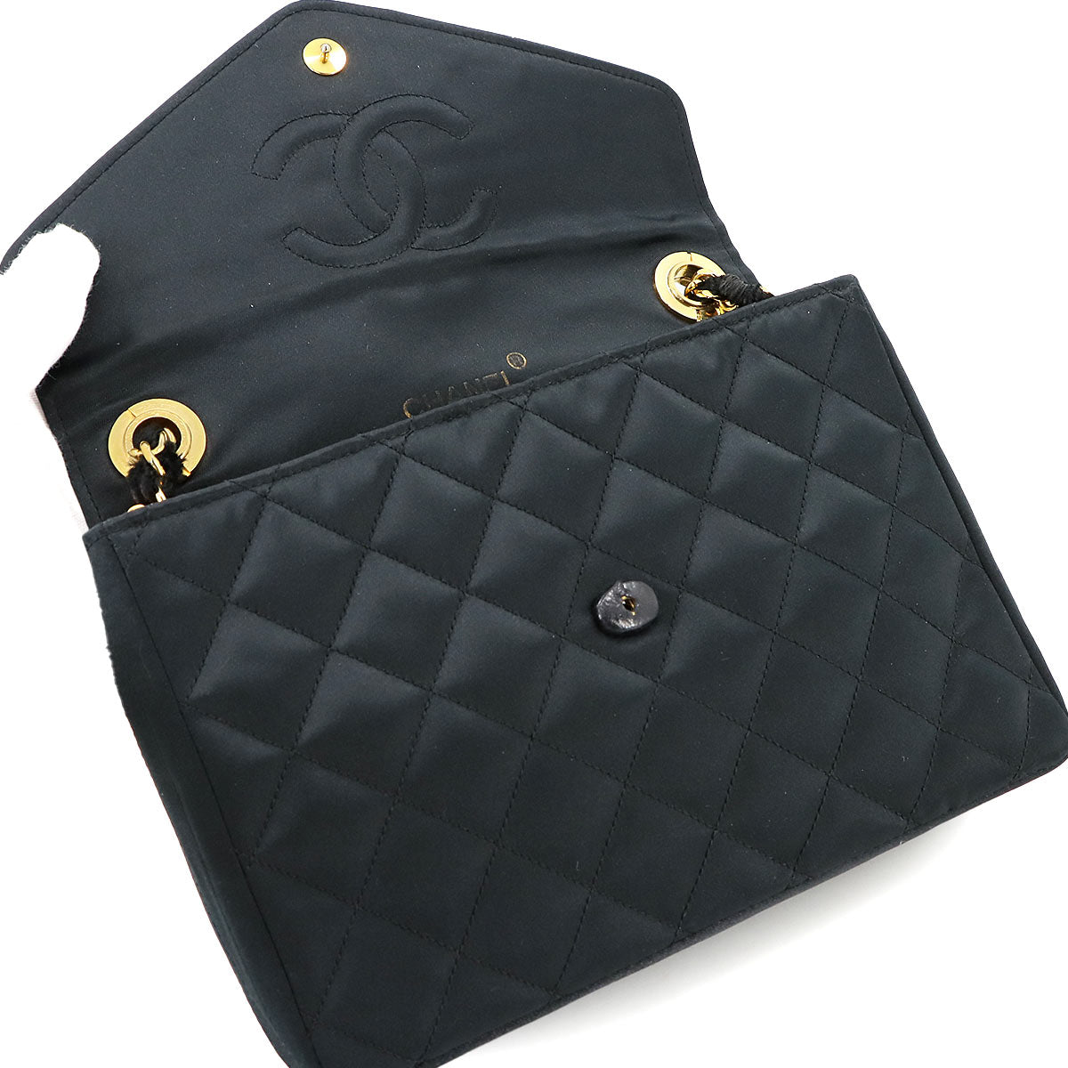 Matelasse Chain Shoulder Bag Satin Black Rhinestone Bijou