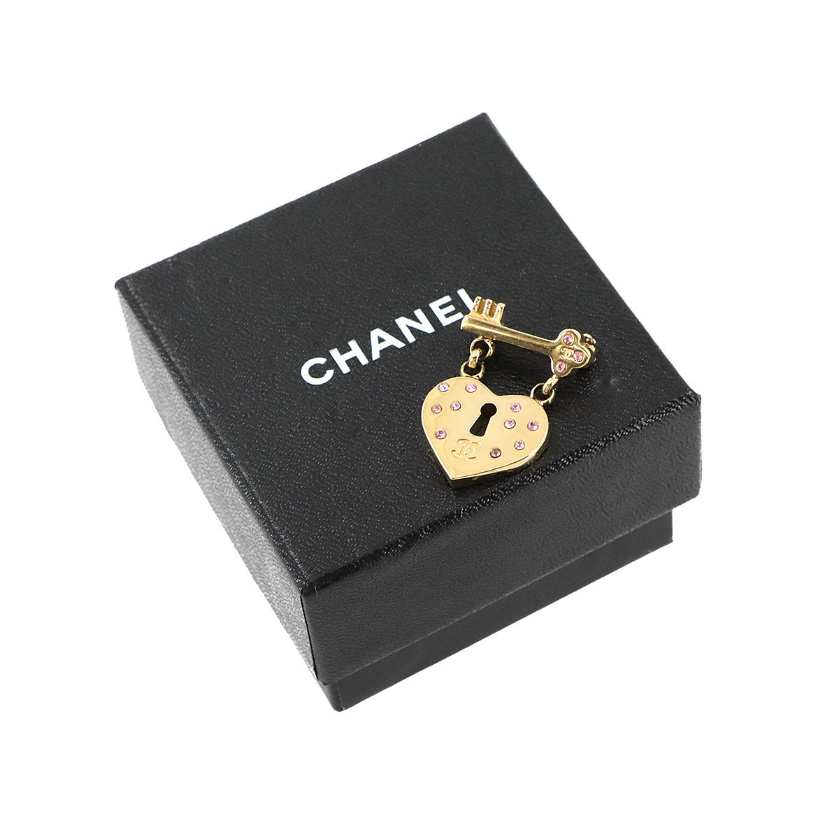 Heart Lock Key Brooch Rhinestone Gold Pink CC Logos