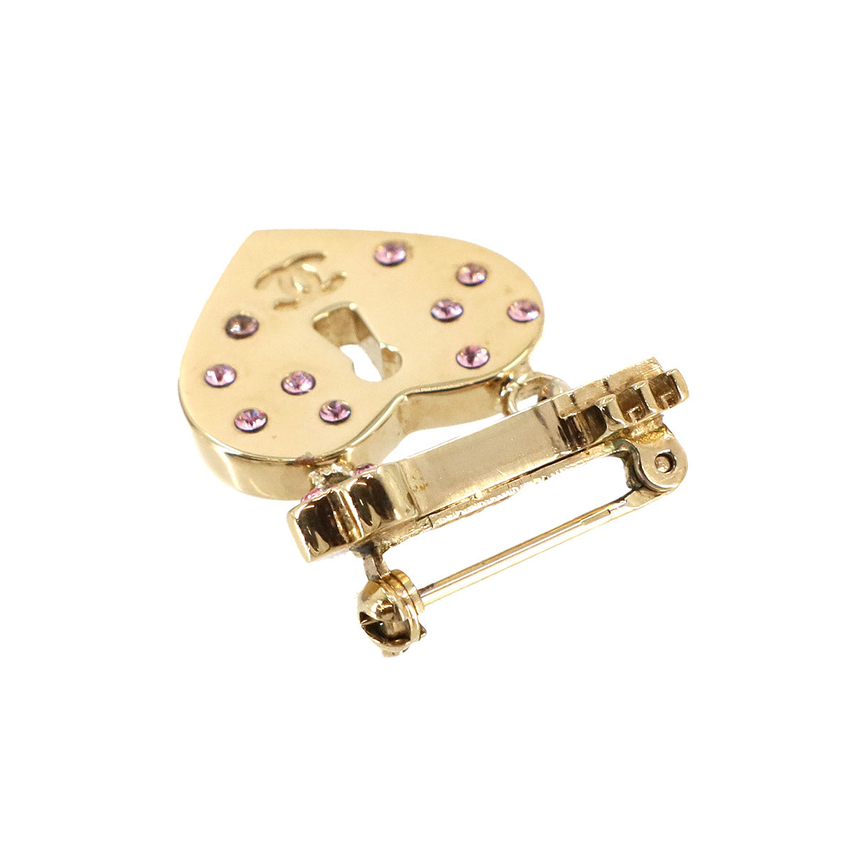 Heart Lock Key Brooch Rhinestone Gold Pink CC Logos