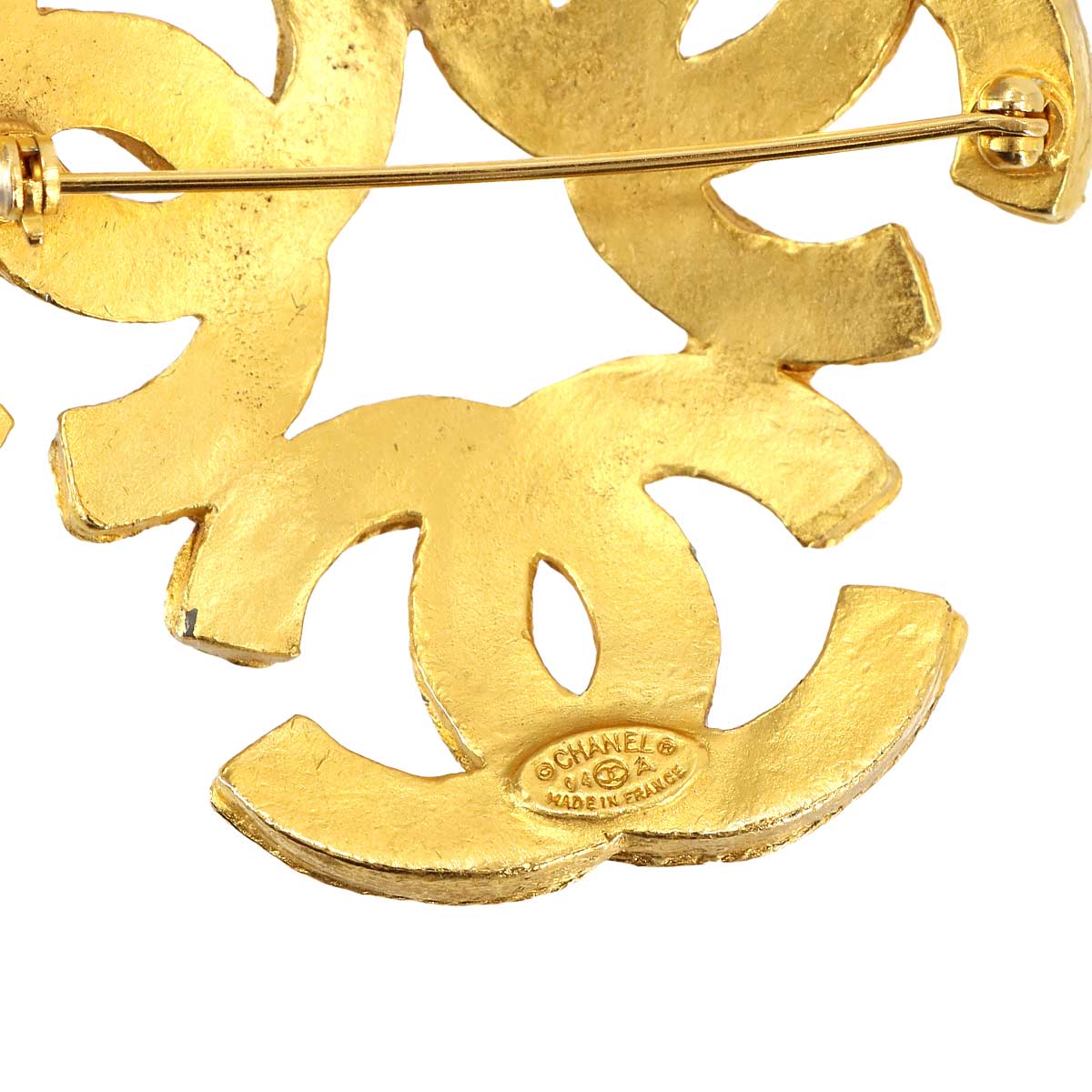 Triple Coco Logos Brooch Gold Accessory 94A Vintage