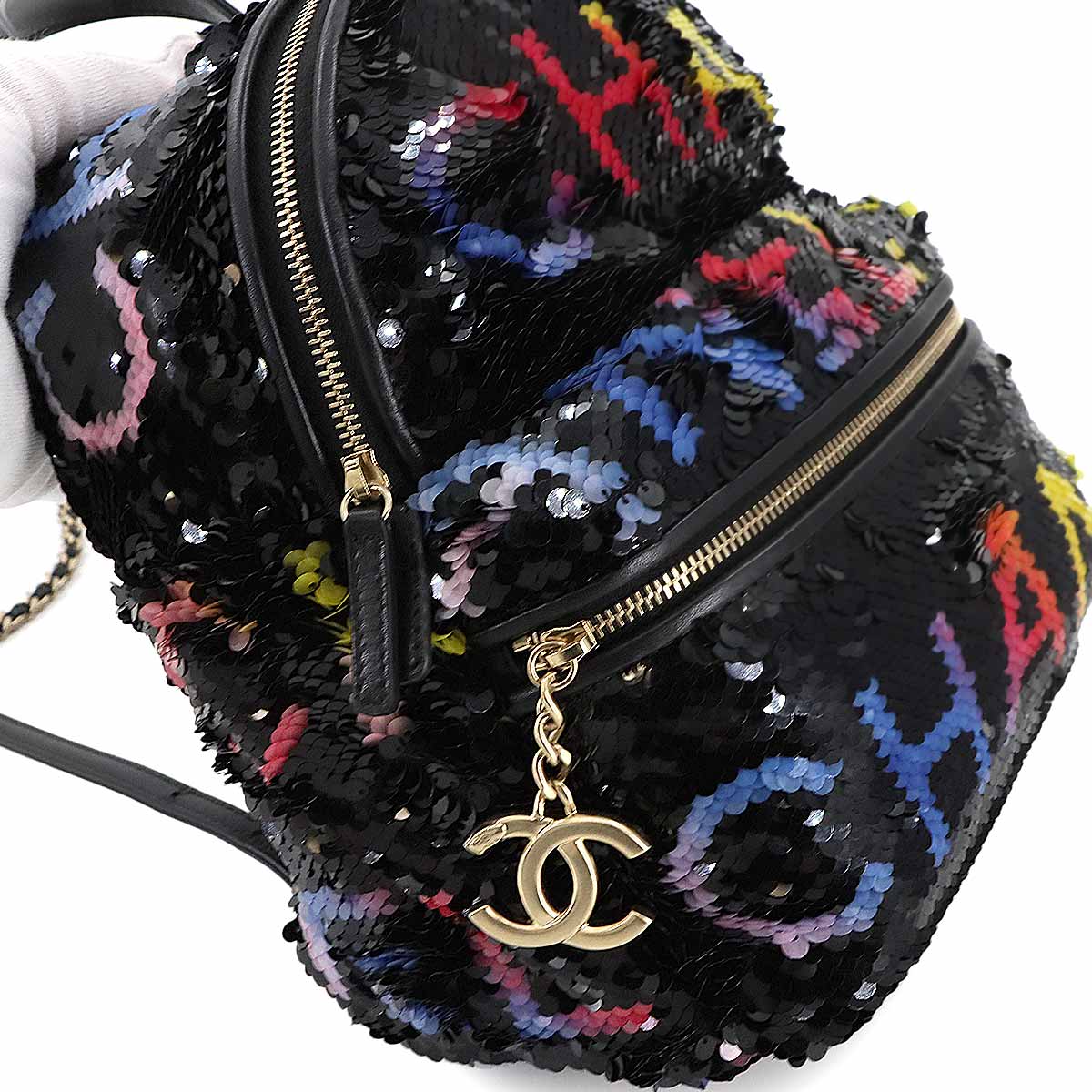 Chain Backpack Spangle Leather Black Purse